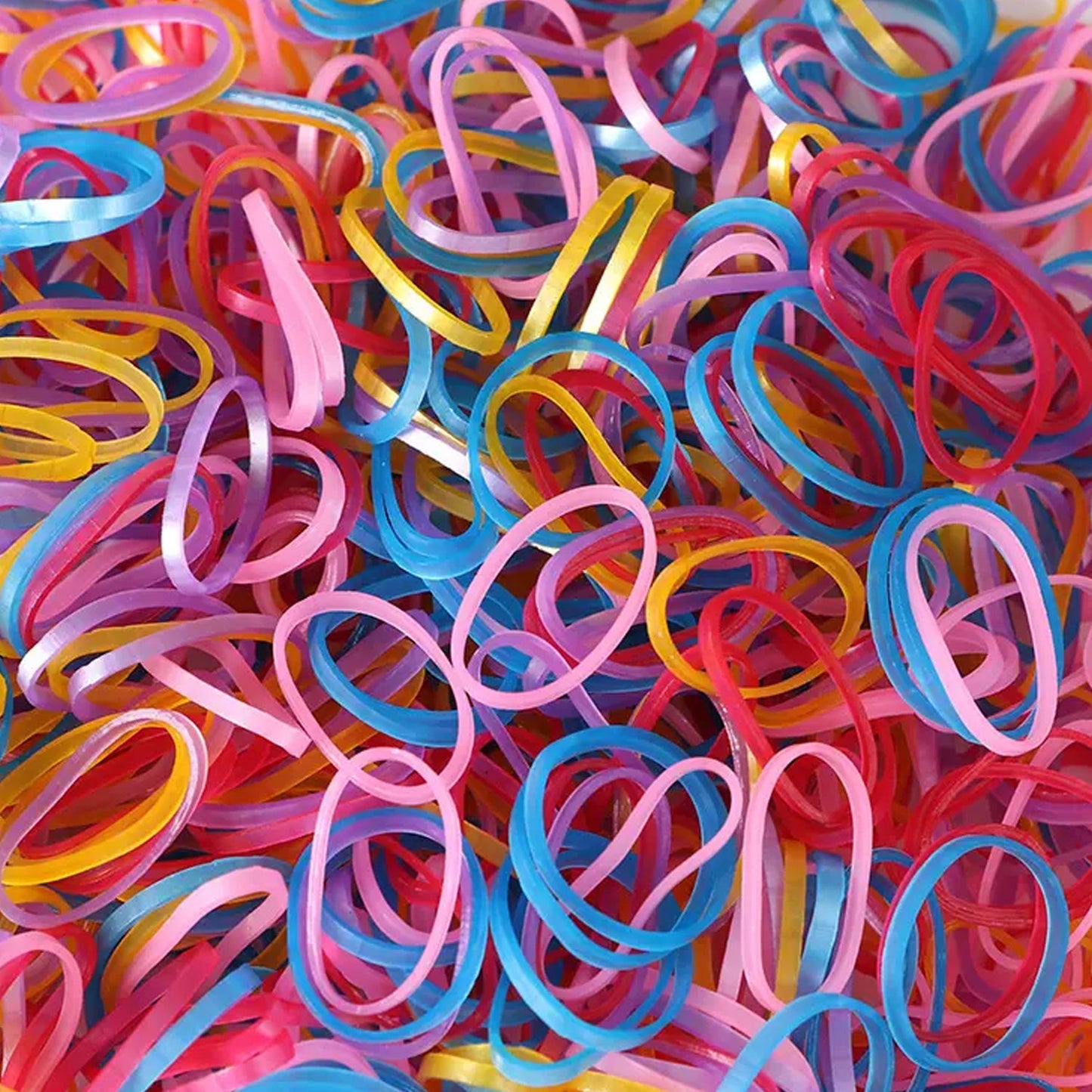 Close-up of a pack of durable multicolor rubber bands for securing various items.