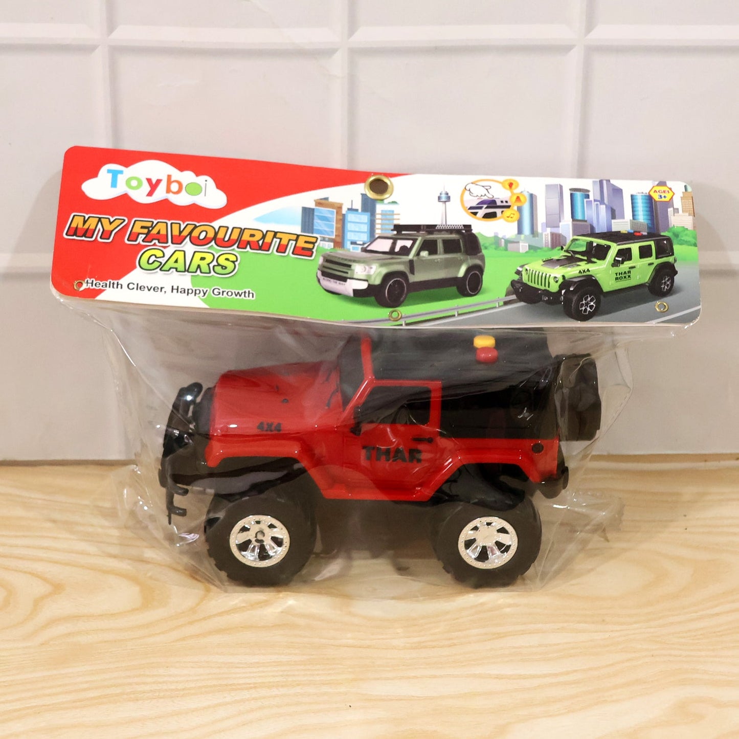 Outdoor scene of kids riding friction powered toy jeep for adventure
