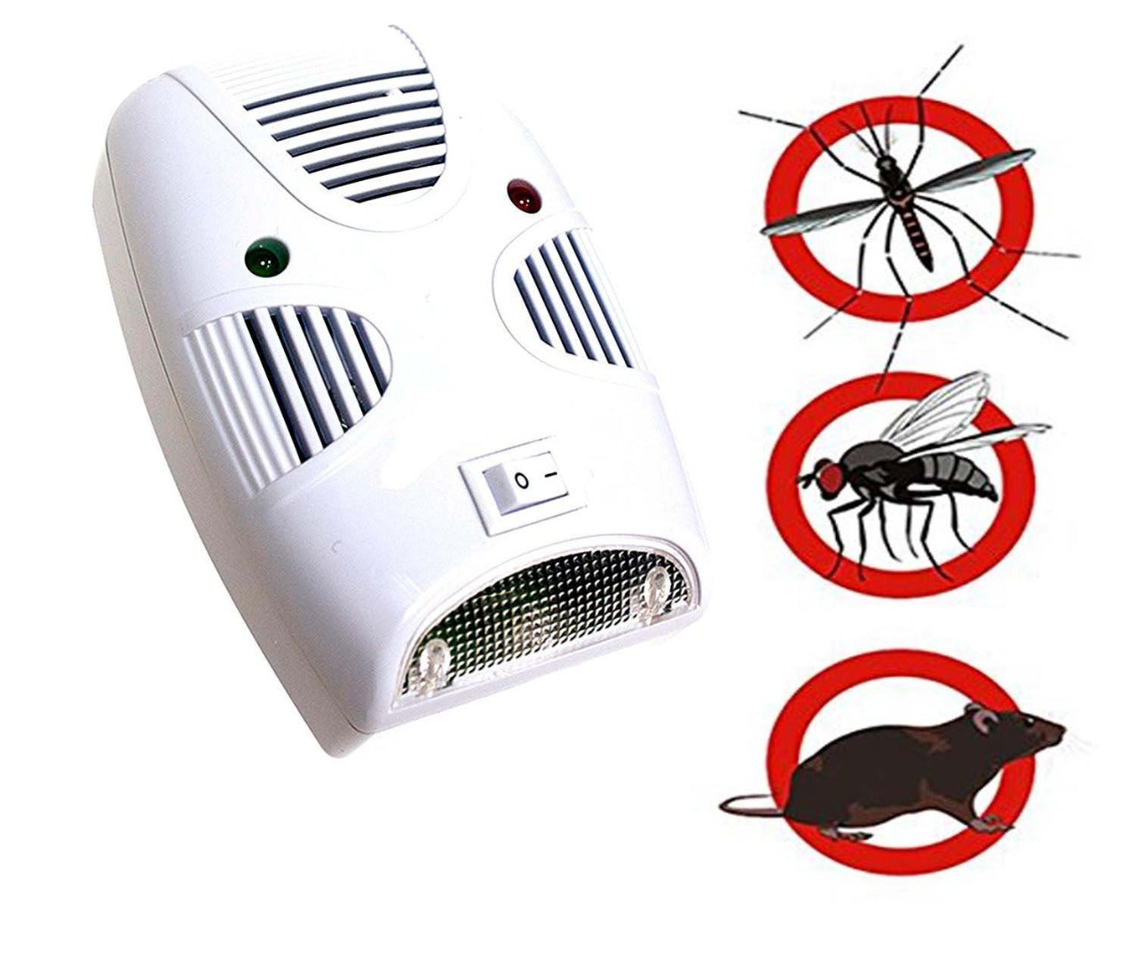 A white plastic pest repeller with a switch and indicator lights, next to three red-crossed circles showing a mosquito, fly,