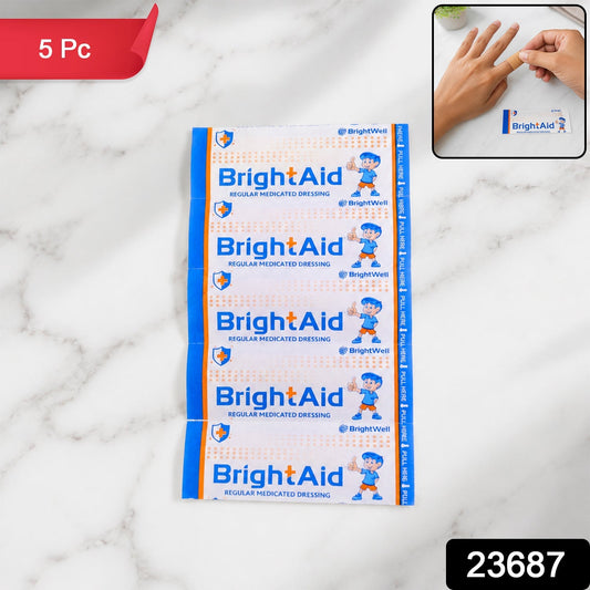 Close-up of BrightAid medicated adhesive bandages packaging.