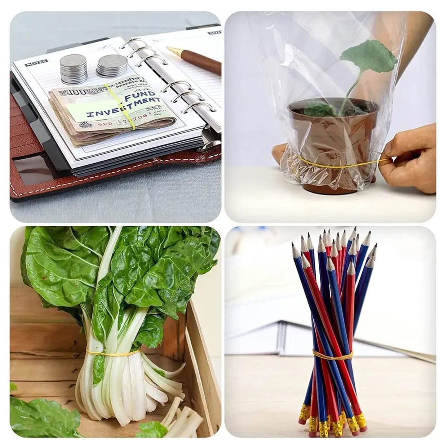 A variety of strong multicolor rubber bands used for organizing various household items.