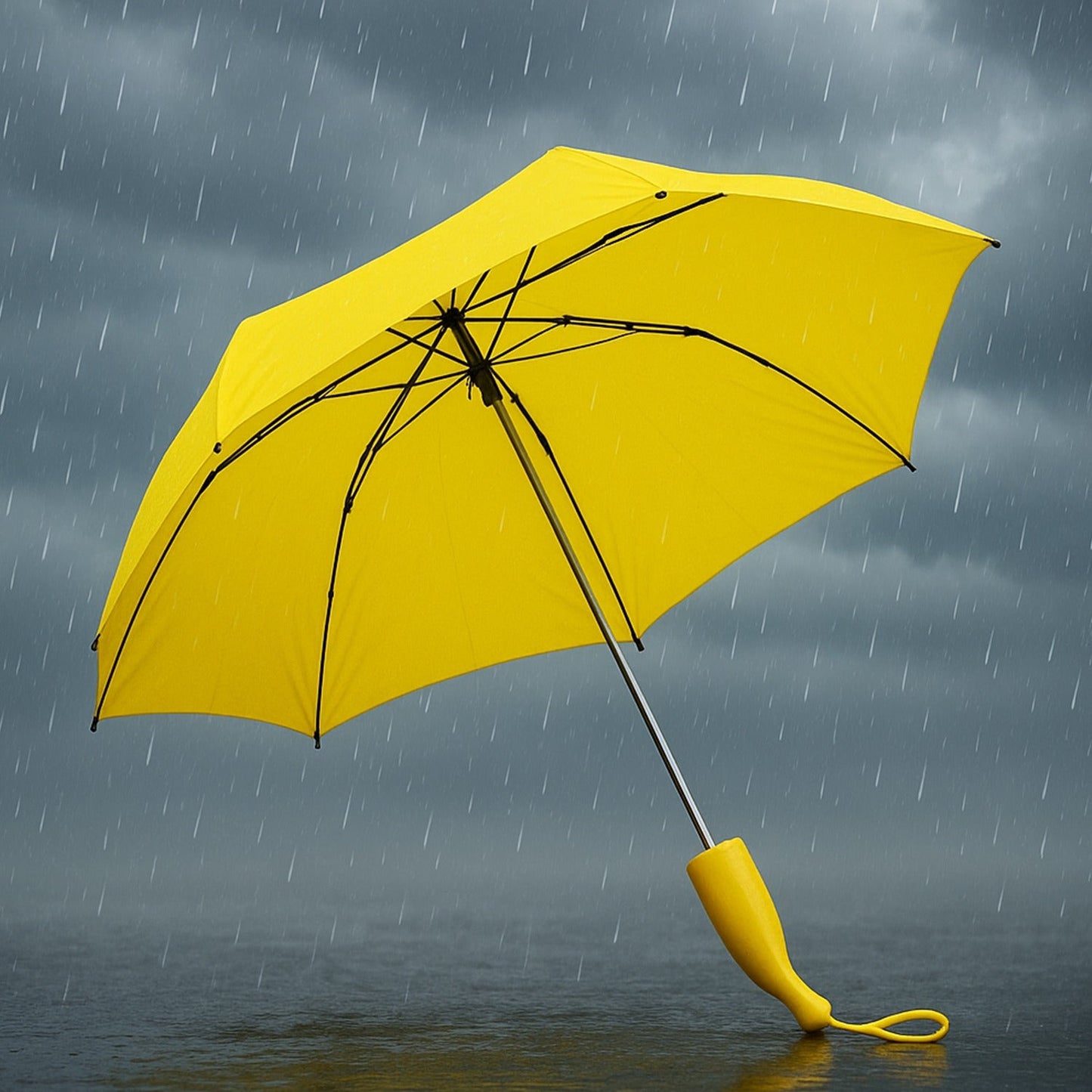 An open yellow umbrella with a banana-shaped handle stands on a wet surface, with rain falling in the background.