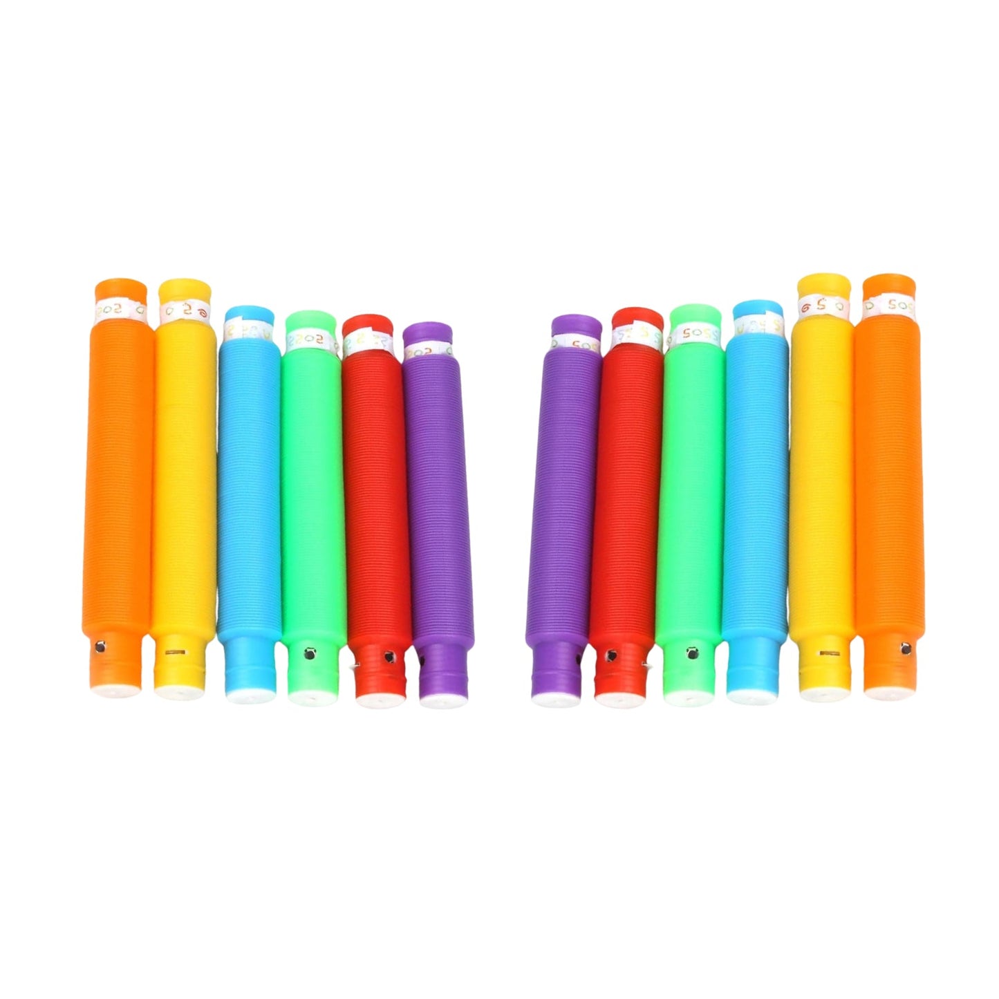 Child's hands stretching a yellow pop tube, demonstrating its flexibility.