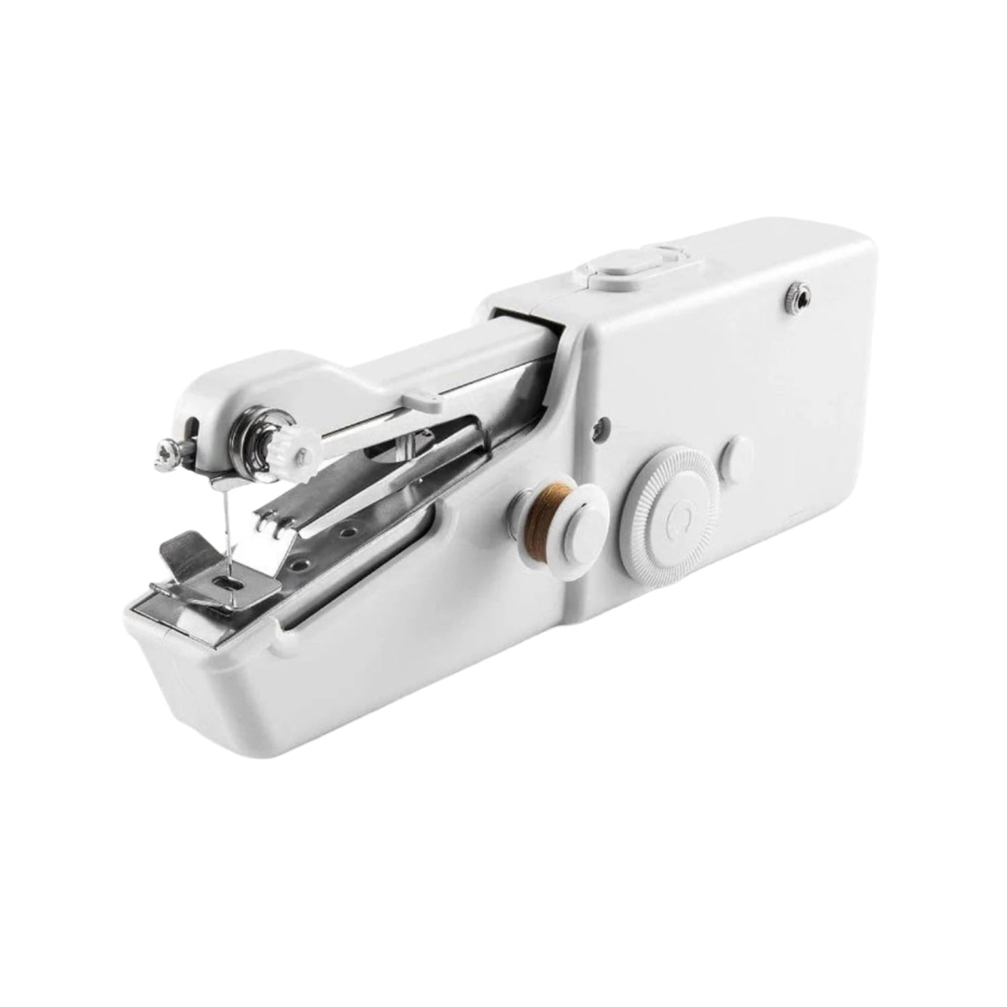 The mini electric sewing machine held in hand, illustrating its portable scale.