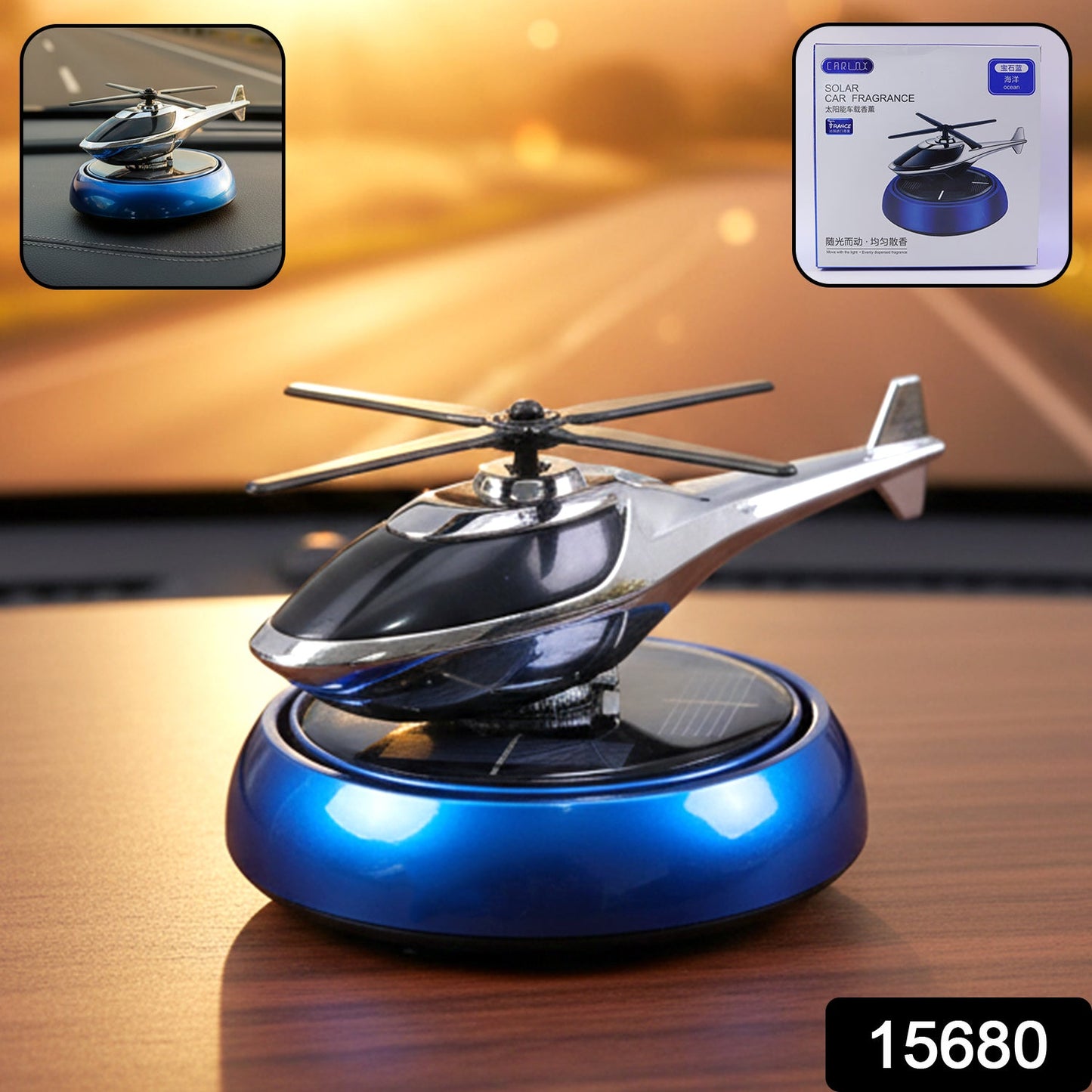 Close-up view of the solar powered helicopter air freshener diffuser