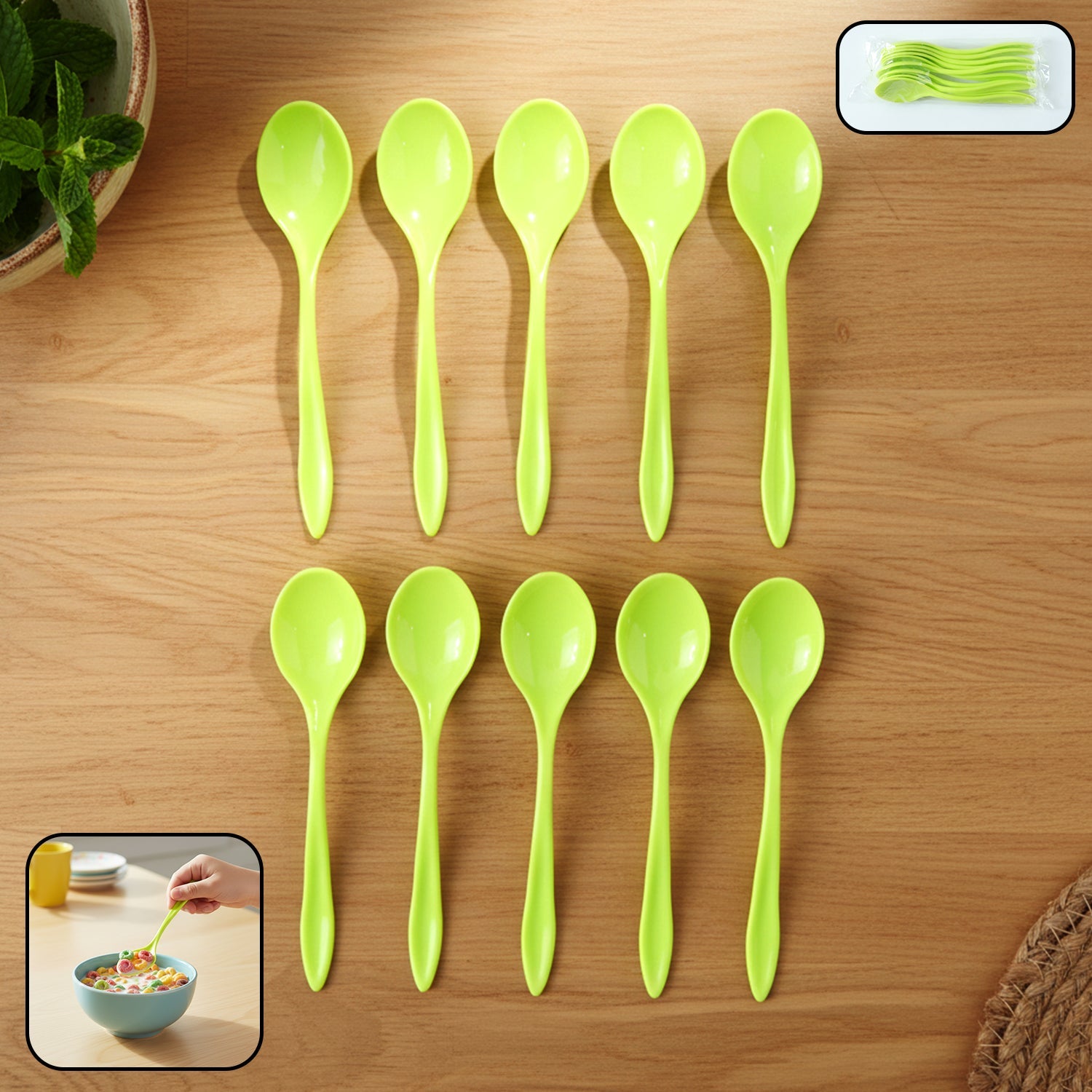 Set of 10 white plastic spoons for dining and serving, neatly arranged.