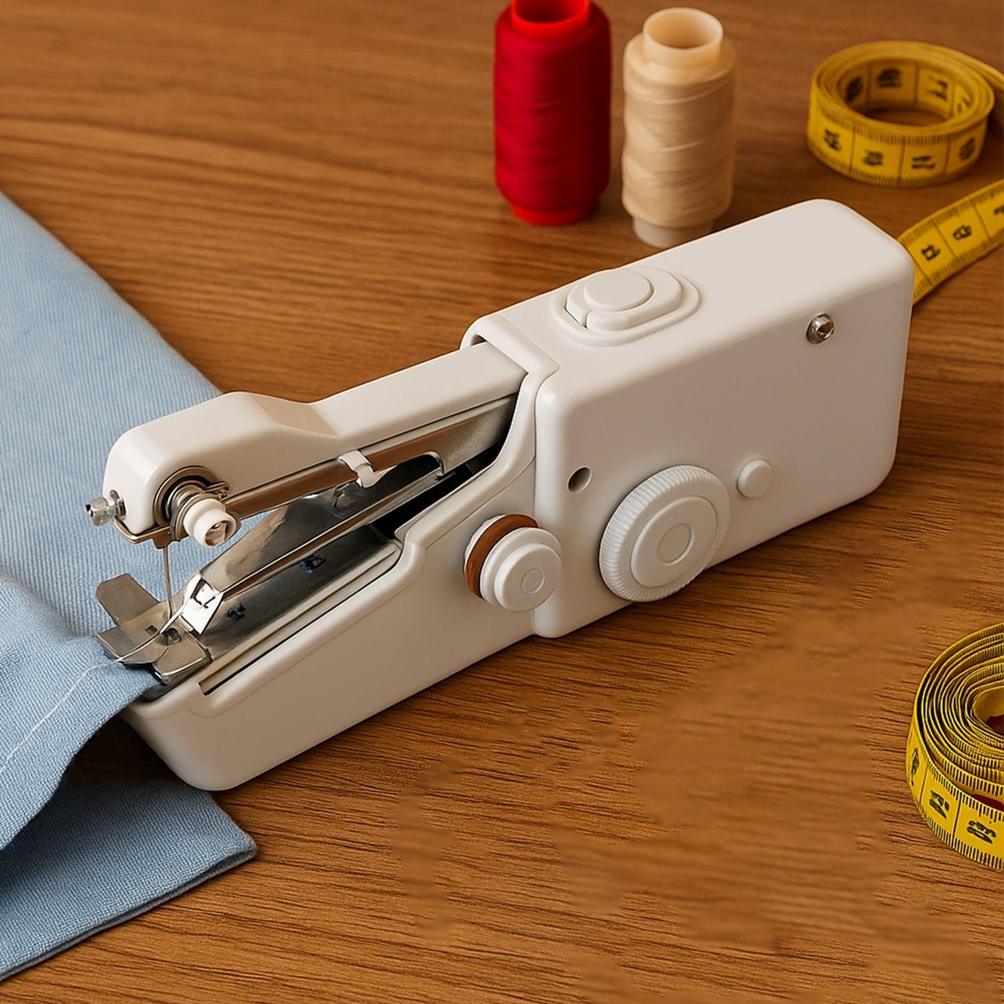 Infographic detailing the key features of the mini electric sewing machine.