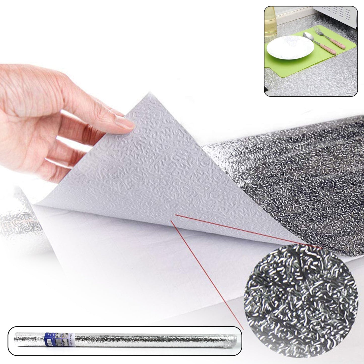 Roll of self-adhesive aluminium kitchen foil for surface protection.