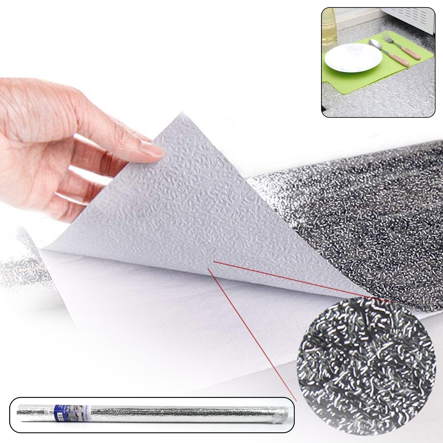 Roll of self-adhesive aluminium kitchen foil for surface protection.