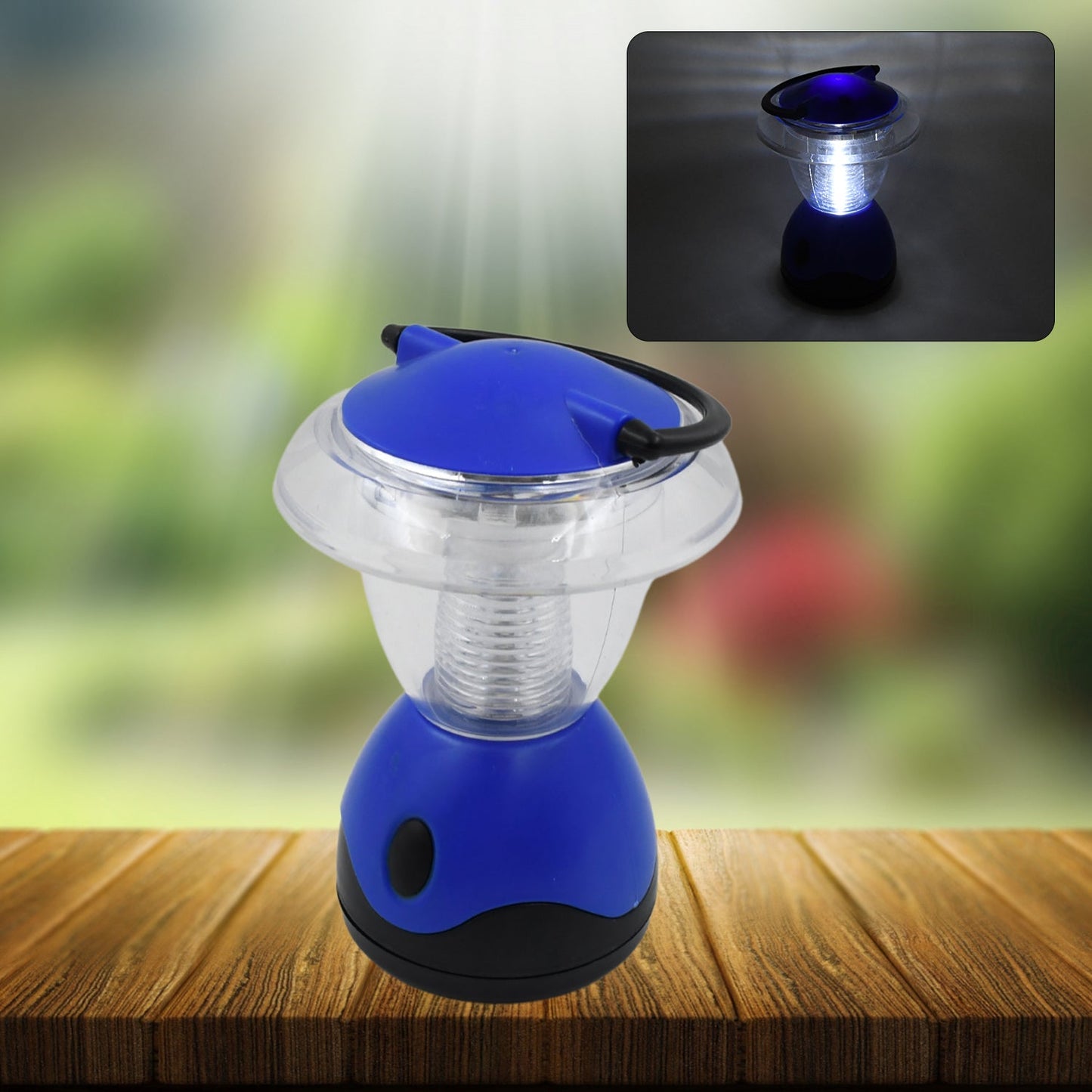 A blue and clear plastic mini lantern sits on a wooden table, with a small inset showing it glowing in the dark.