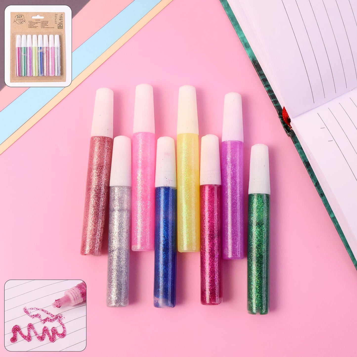 Multi-color glitter craft glue pen set with vibrant 8 tubes