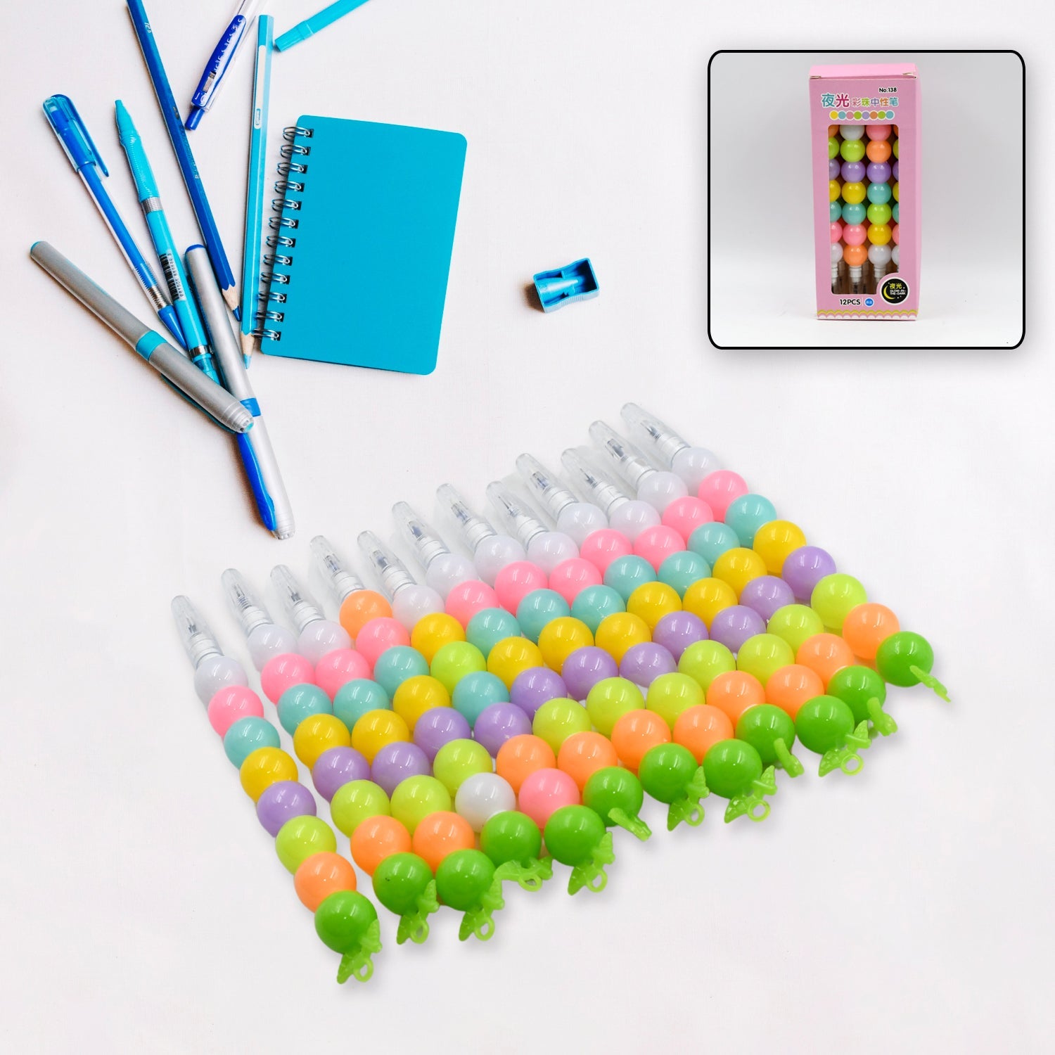 Top-down view of a designer pearl gel pen set, highlighting the distinct moti patterns.
