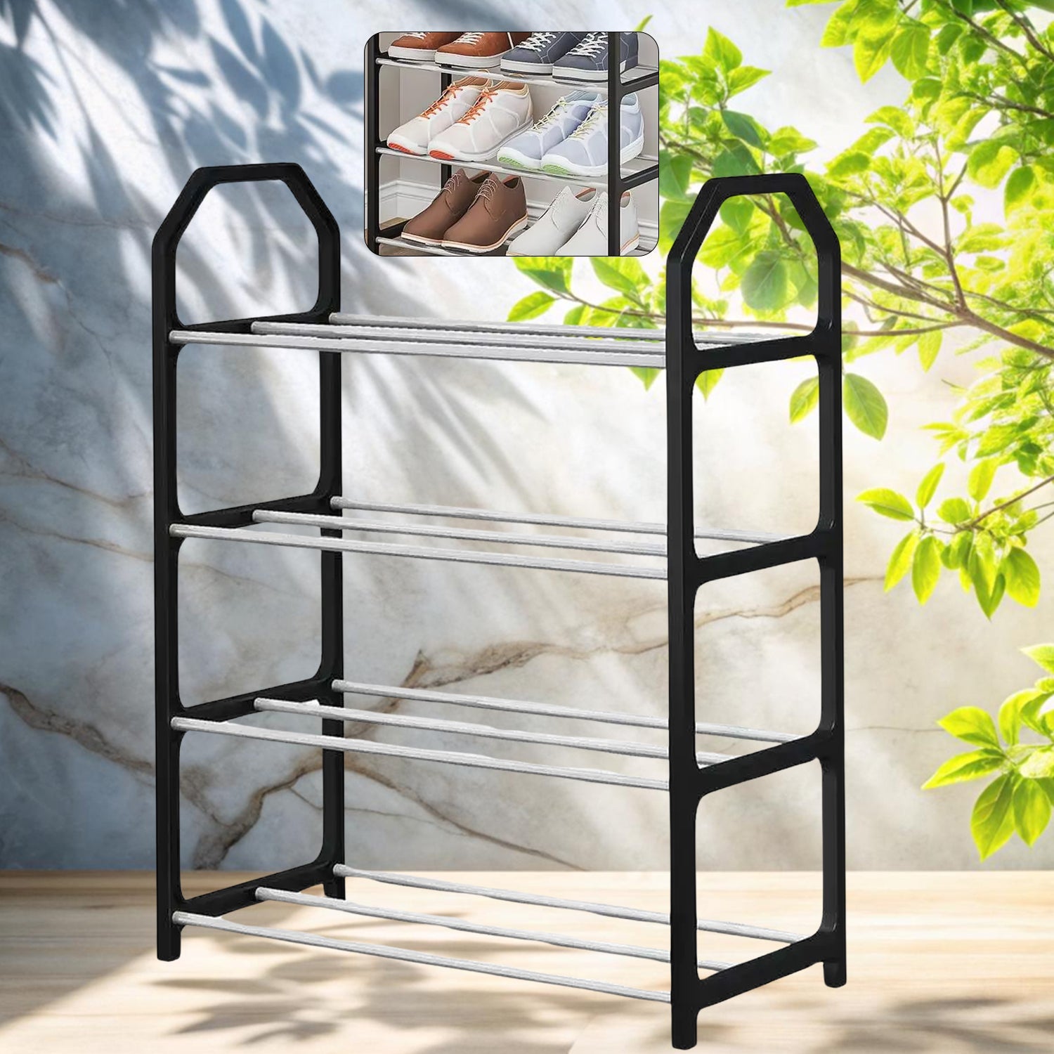 4-layer folding shoe rack displayed neatly in a home entryway.