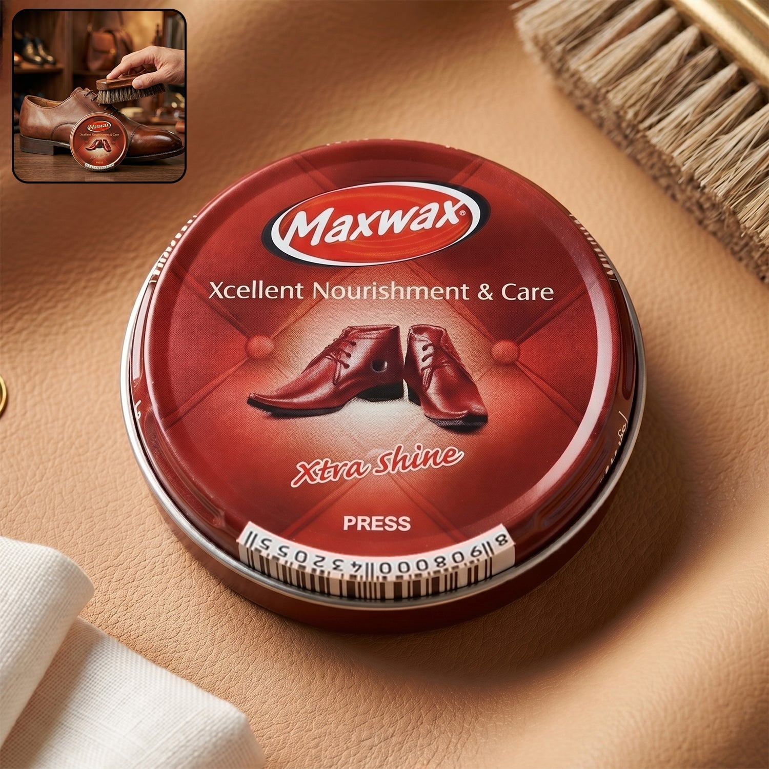 Brown shoe polish cream in a compact jar for easy application on leather shoes.