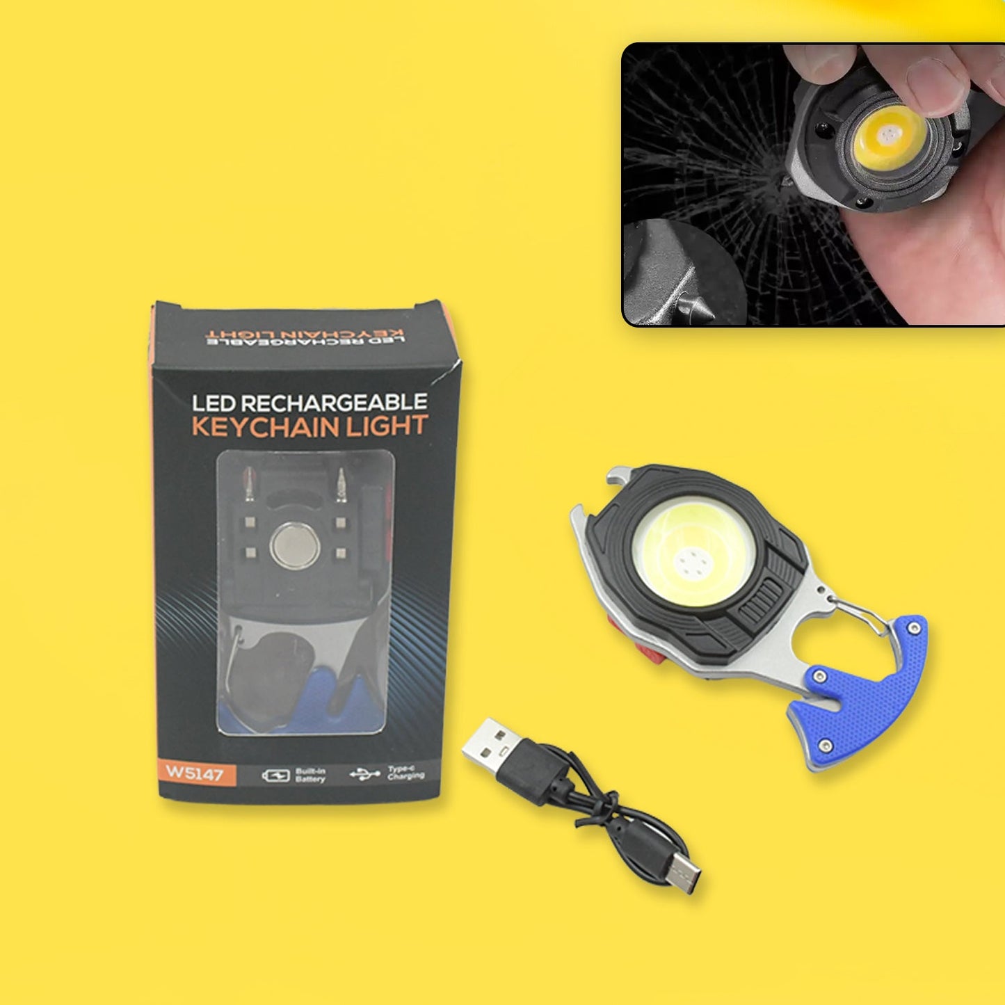 Rechargeable LED keychain flashlight displaying its six versatile lighting modes.