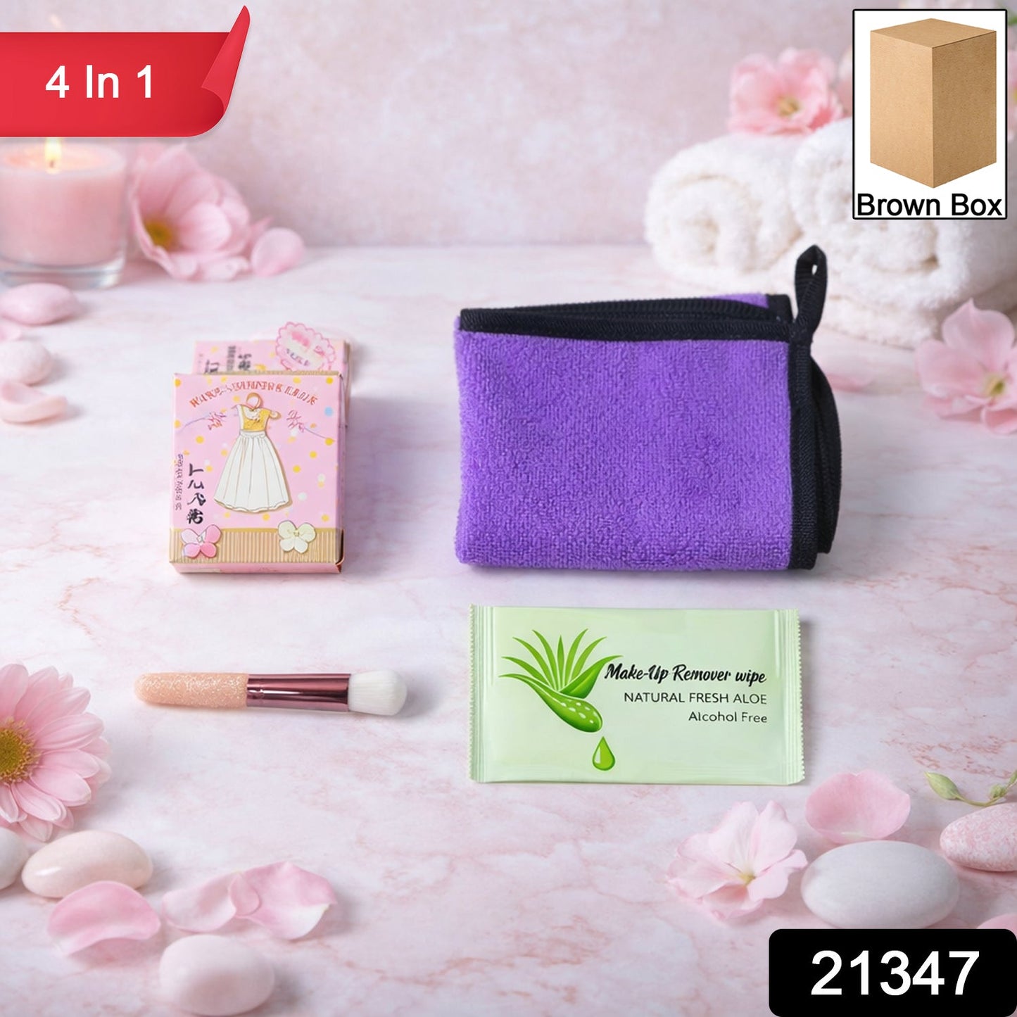 Indian woman using the gentle makeup remover wipe and soft cleansing cloth from the beauty care set.