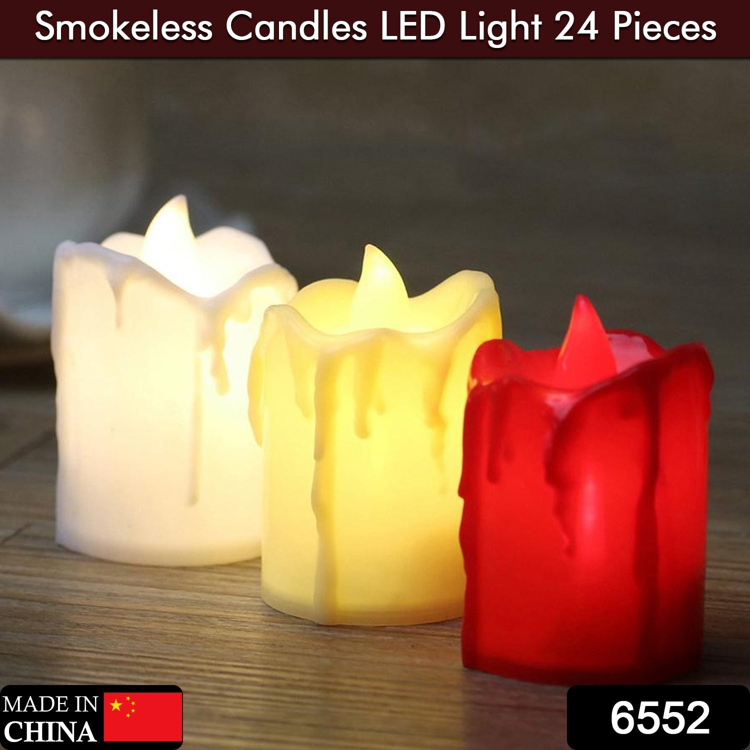 Close-up of the 24 flameless LED candles showing their realistic melted wax texture.