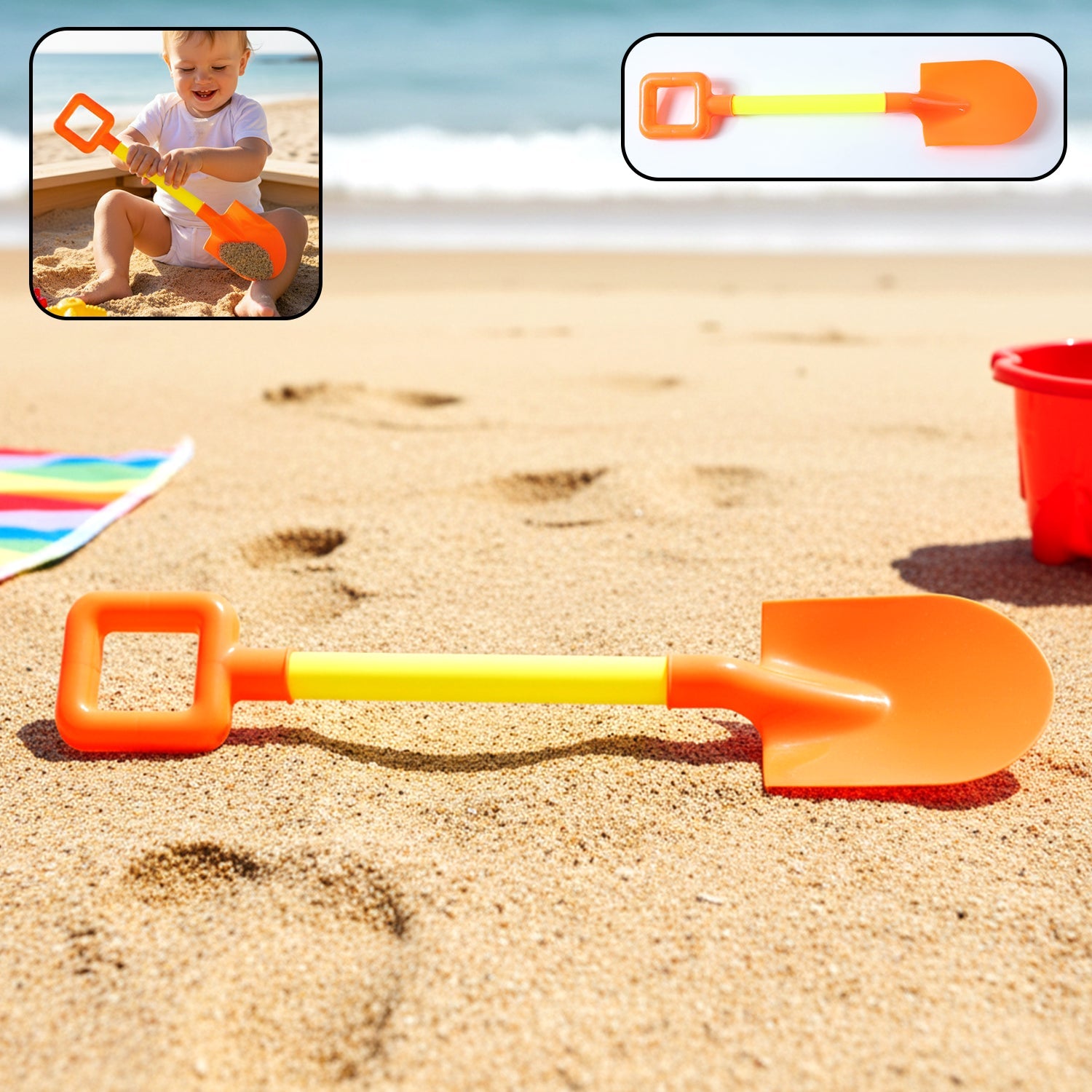Kids beach sand shovel with wide scoop lying on sandy surface