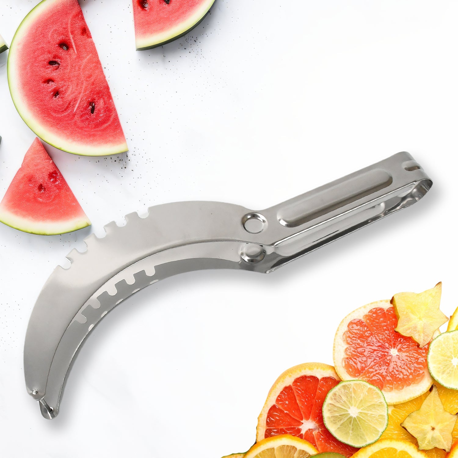 Stainless steel watermelon slicer effortlessly cutting a fresh watermelon.