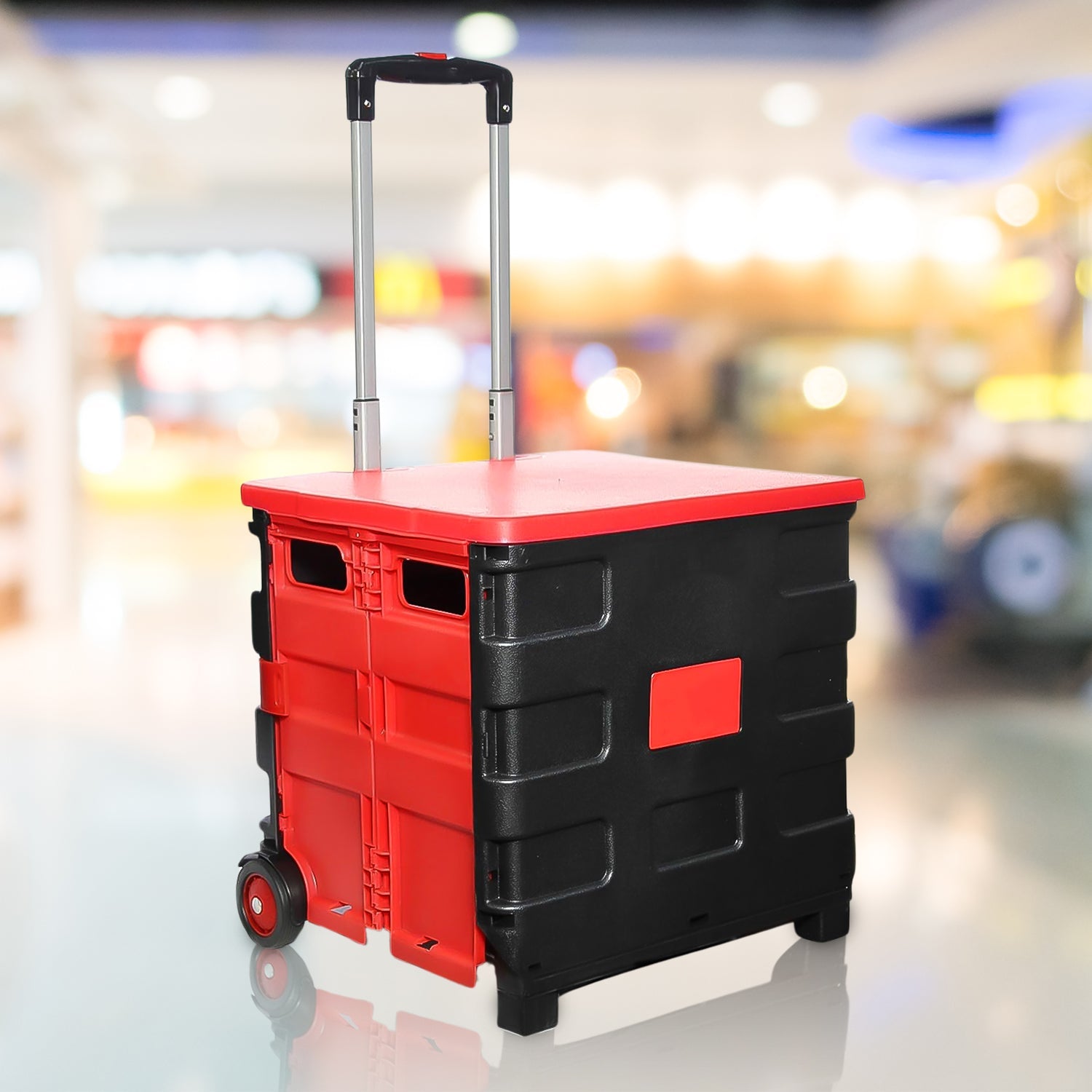 ClassiCarry foldable shopping trolley cart displayed with its wheels and handle extended.