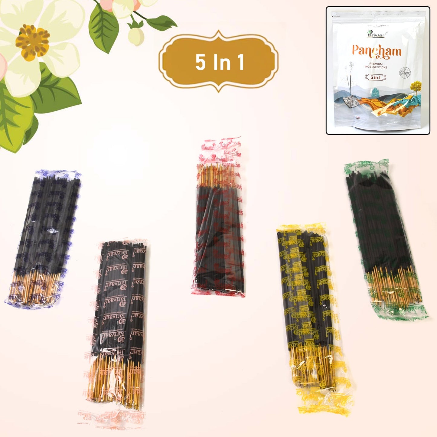5in1 Pancham Premium Incense Sticks 450g package with vibrant design.