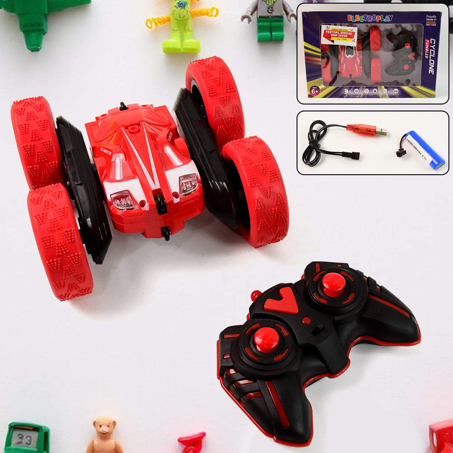 Remote control stunt car performing 360 degree flips on a flat surface
