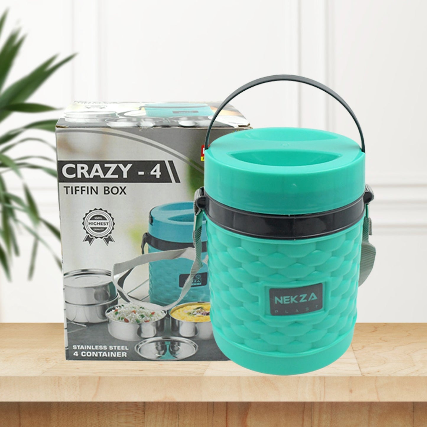 Top-down view of the Nekza dabba, showing the four separate leakproof containers.