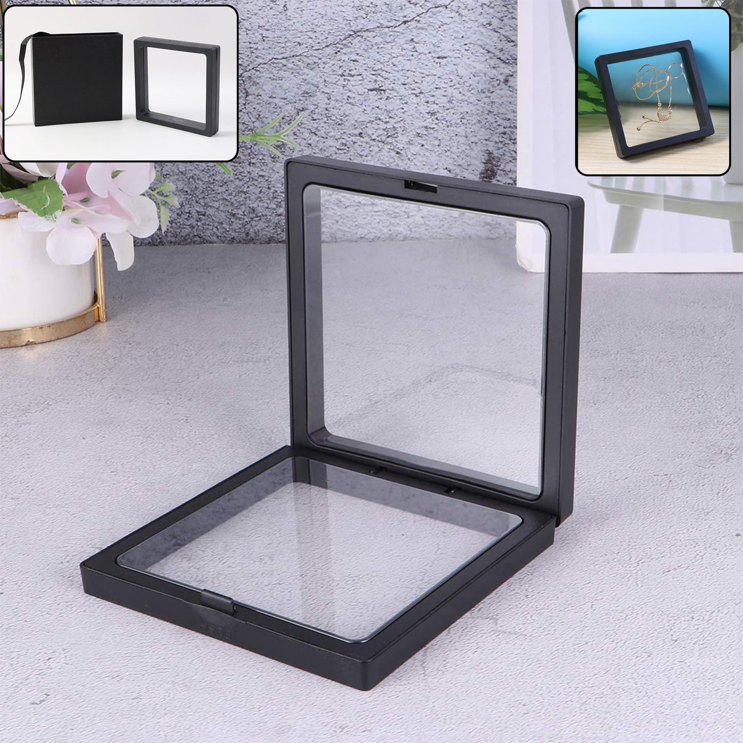 Elegant transparent jewellery display box with floating 3D design