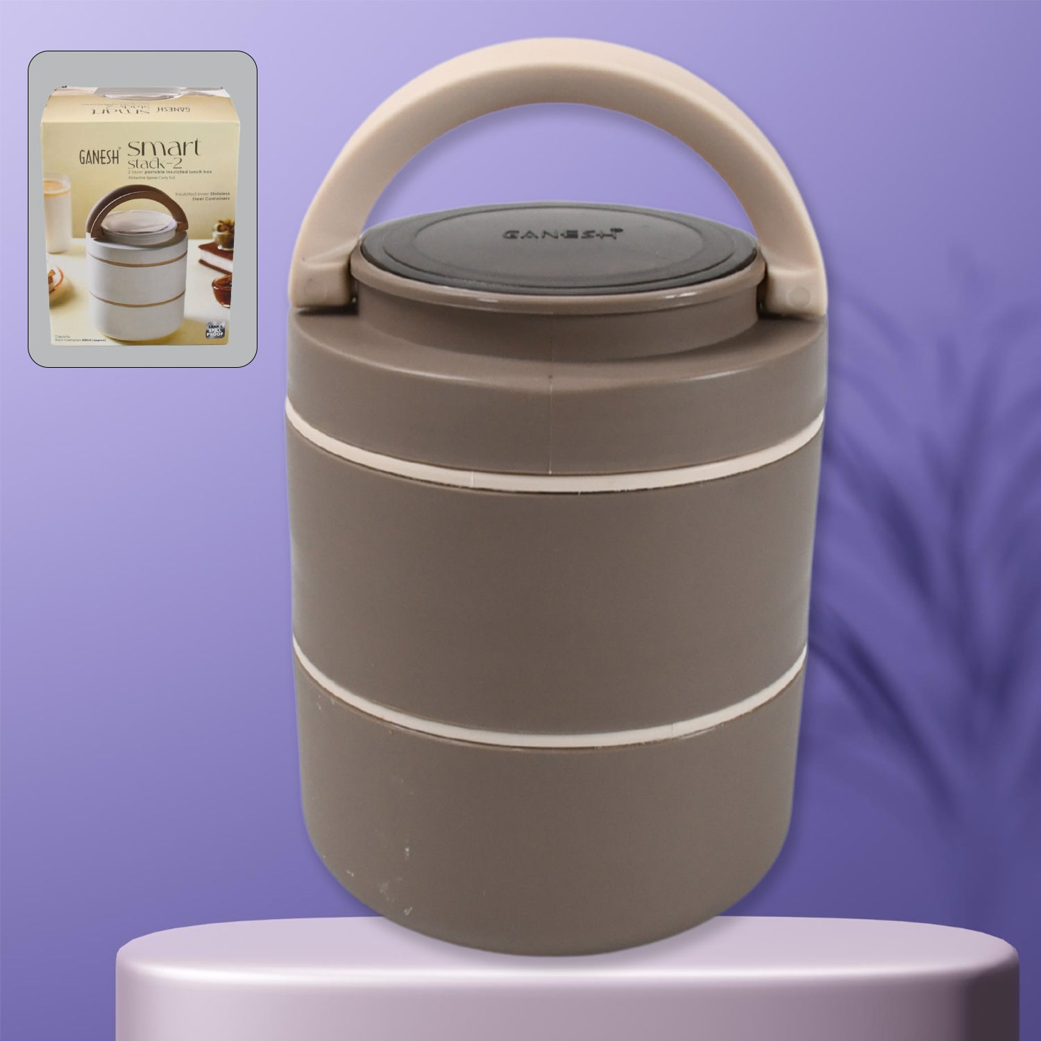 Front view of the durable Ganesh stainless steel lunch box, ready for use.