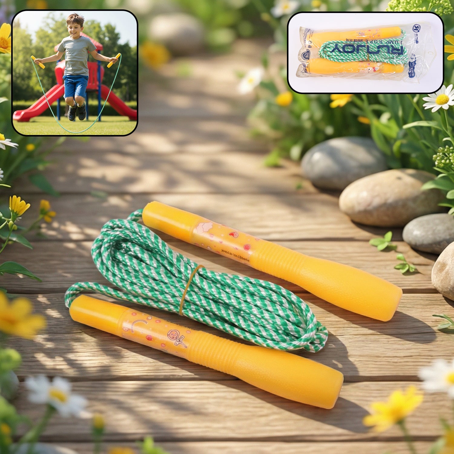 Kids skipping jump rope with soft grip handles and vibrant rope