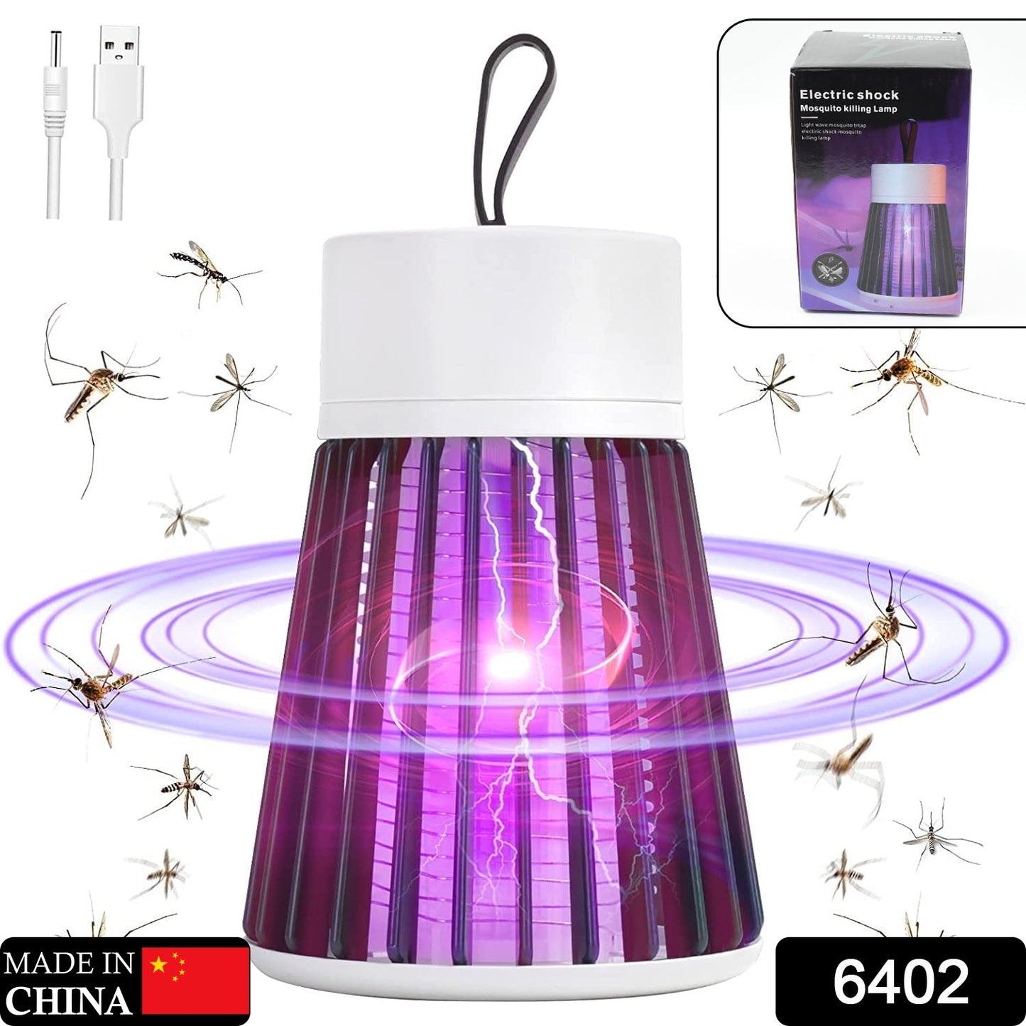 The Mosquito Killer Lamp is shown with a USB cable, packaging, and multiple mosquitoes flying around it.