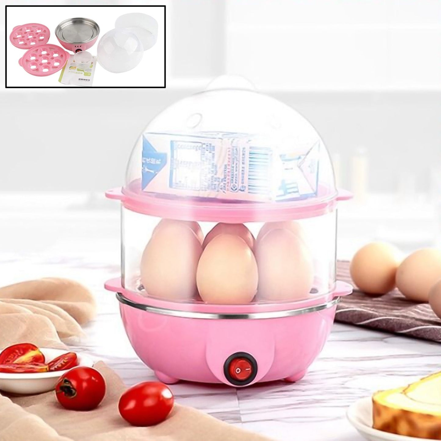 Electric Egg Boiler, a 2-layer appliance for perfect boiled and poached eggs.