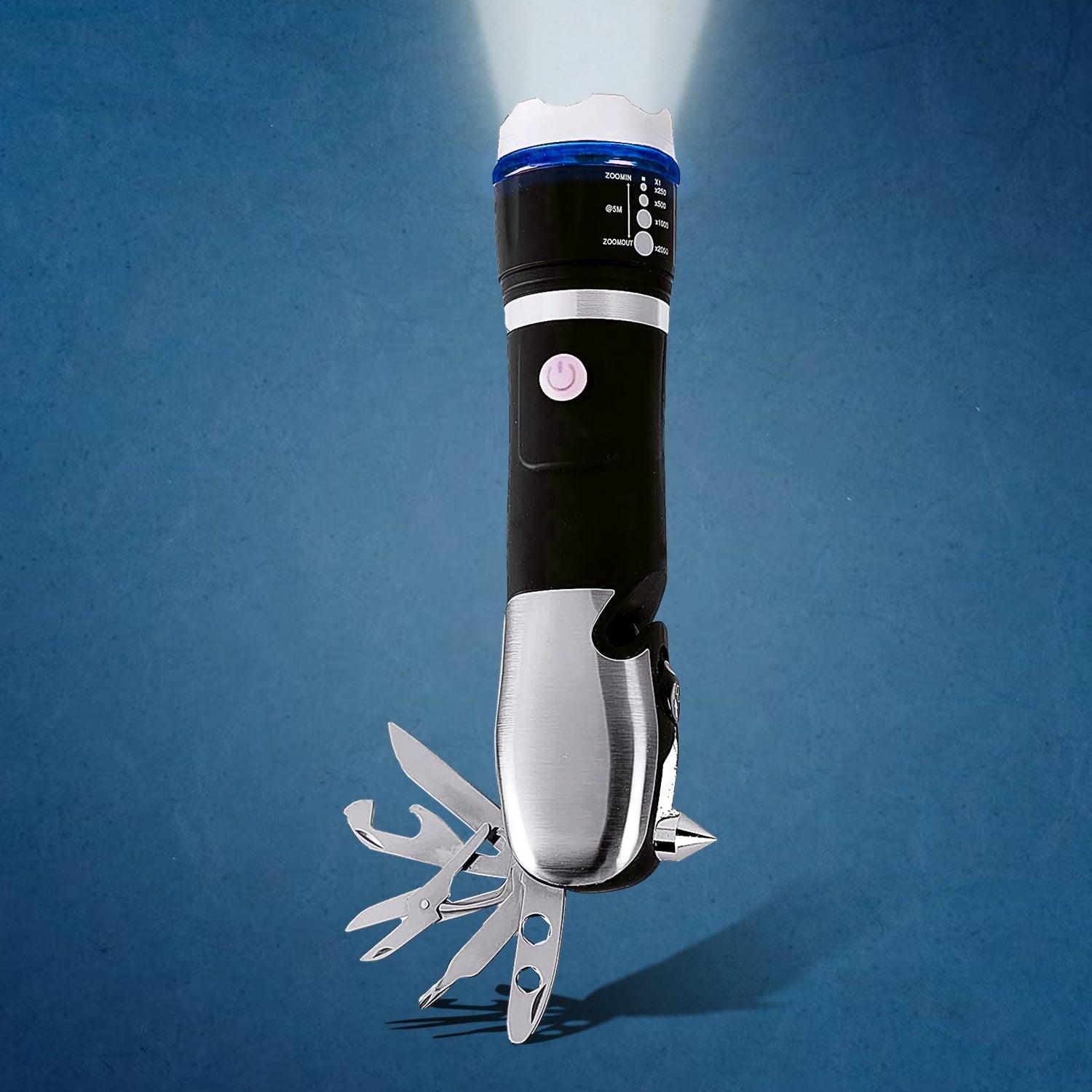 A black and silver multi-tool LED flashlight with a bright beam illuminates a dark blue background, showing several tools