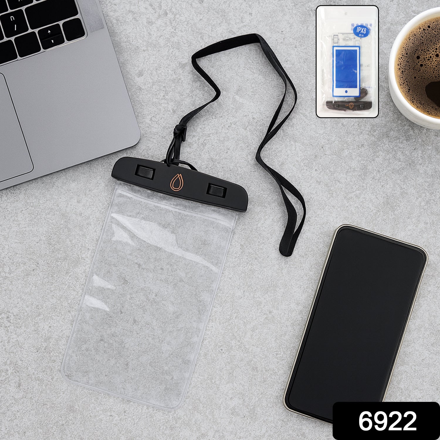 A transparent mobile pouch with a black neck strap and a red droplet logo, next to a laptop, phone, coffee, and a small