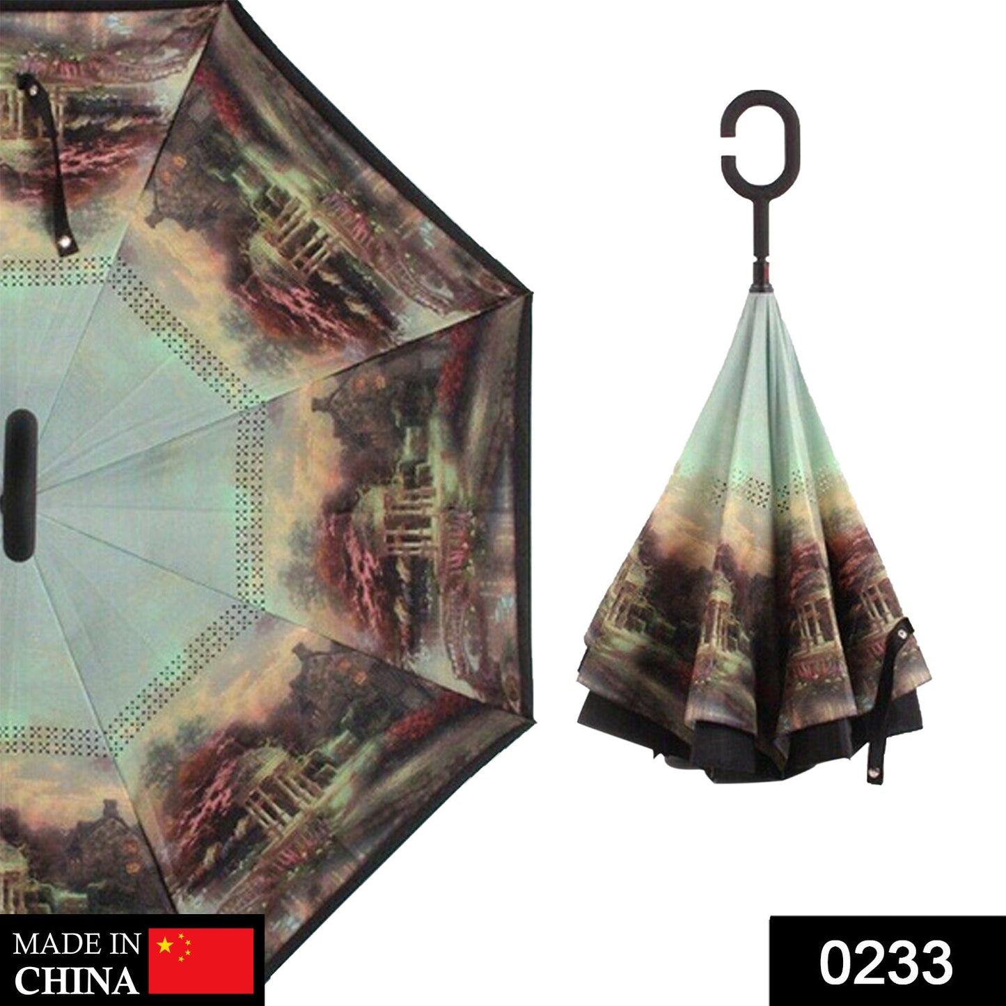 A partially open reverse umbrella with a dark landscape print, and a closed umbrella with a C-shaped handle.