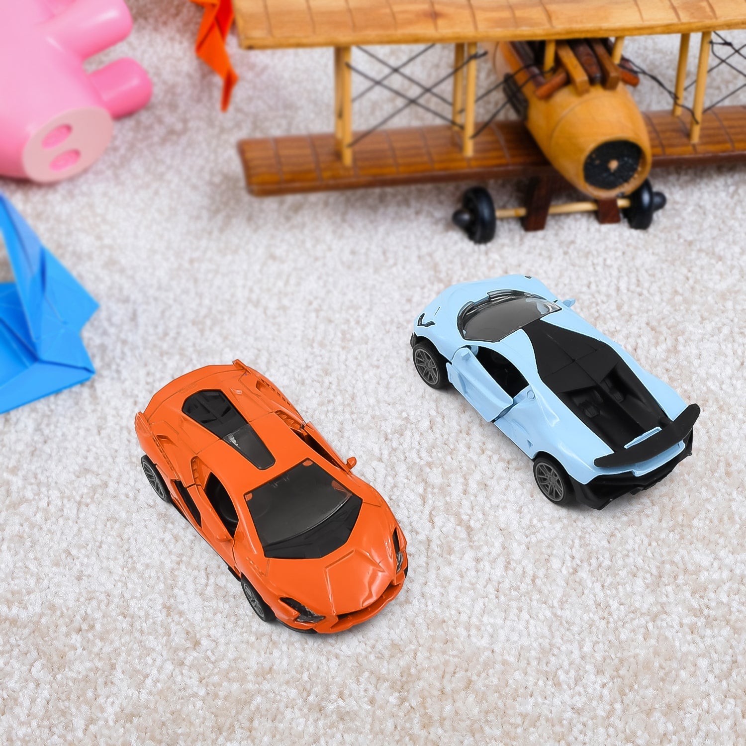 Side view of a colorful pull back car toy, ready for imaginative play.