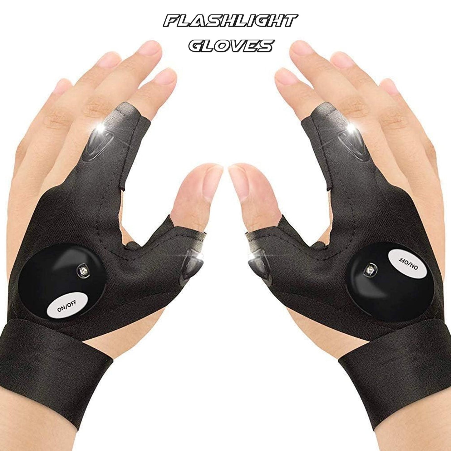 Outdoor flashlight gloves in use, brightly illuminating a path during a night hike.