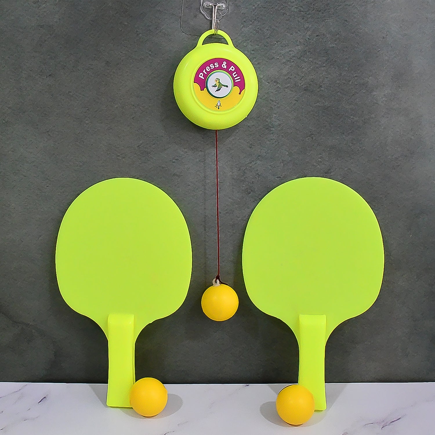 Hanging table tennis training set mounted on a wall, demonstrating easy setup.