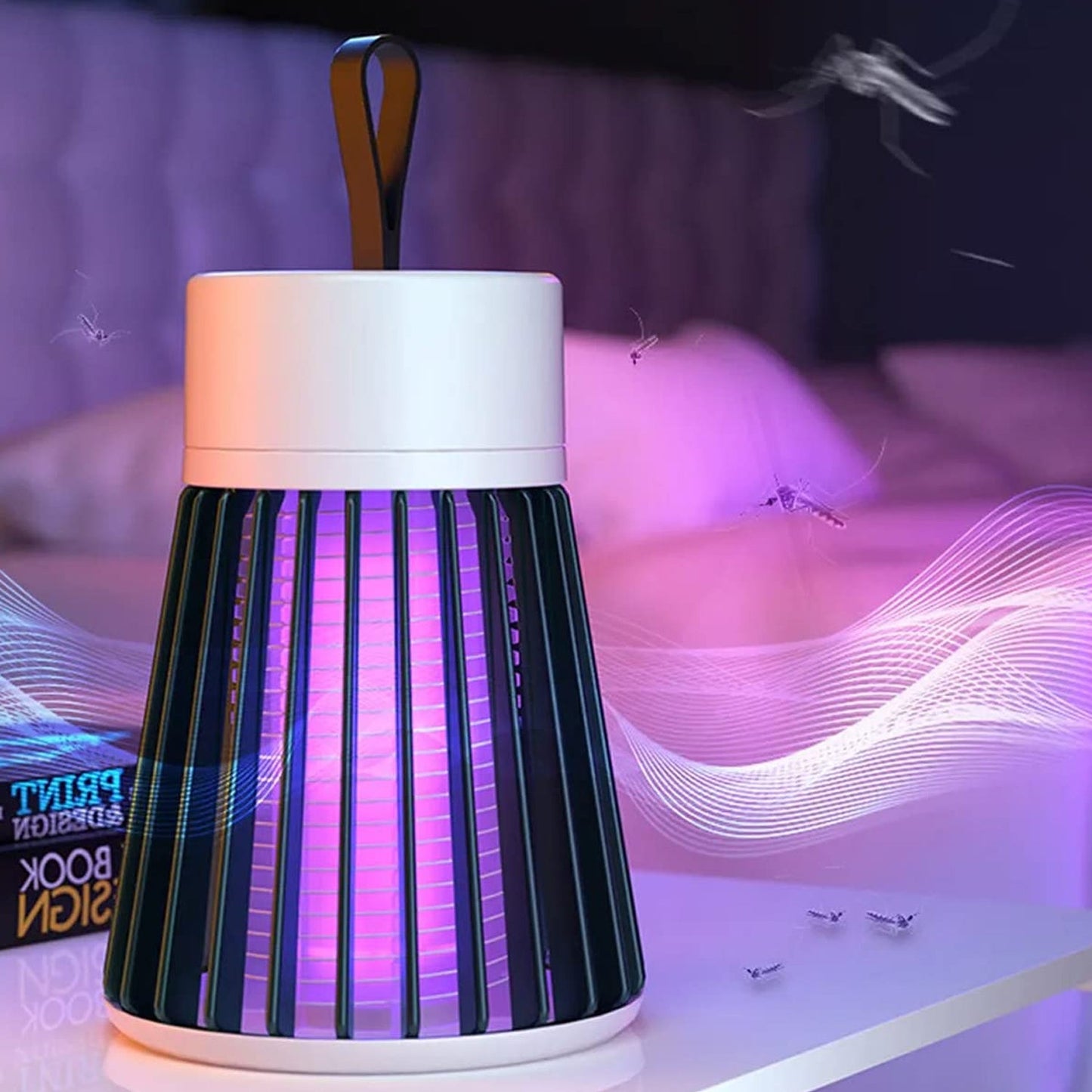 A white and black Mosquito Killer Lamp with purple light sits on a nightstand with a subtle mosquito graphic.