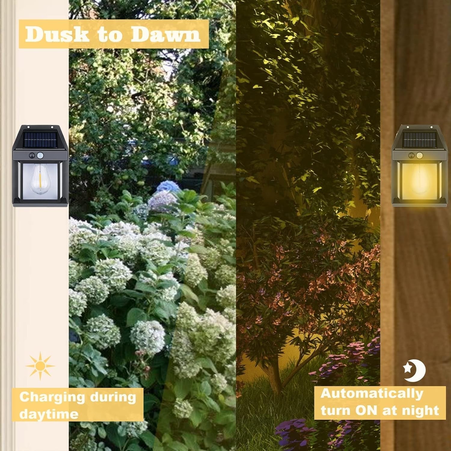 A split image shows a solar lamp charging during the day amidst green foliage and glowing at night on a wooden wall.