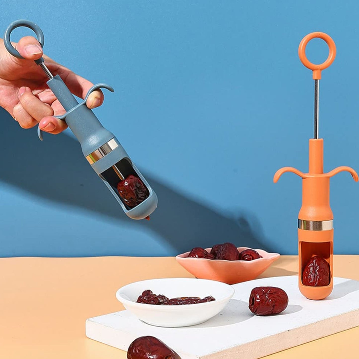 One-hand operation cherry pitter for swift and safe fruit stone removal.