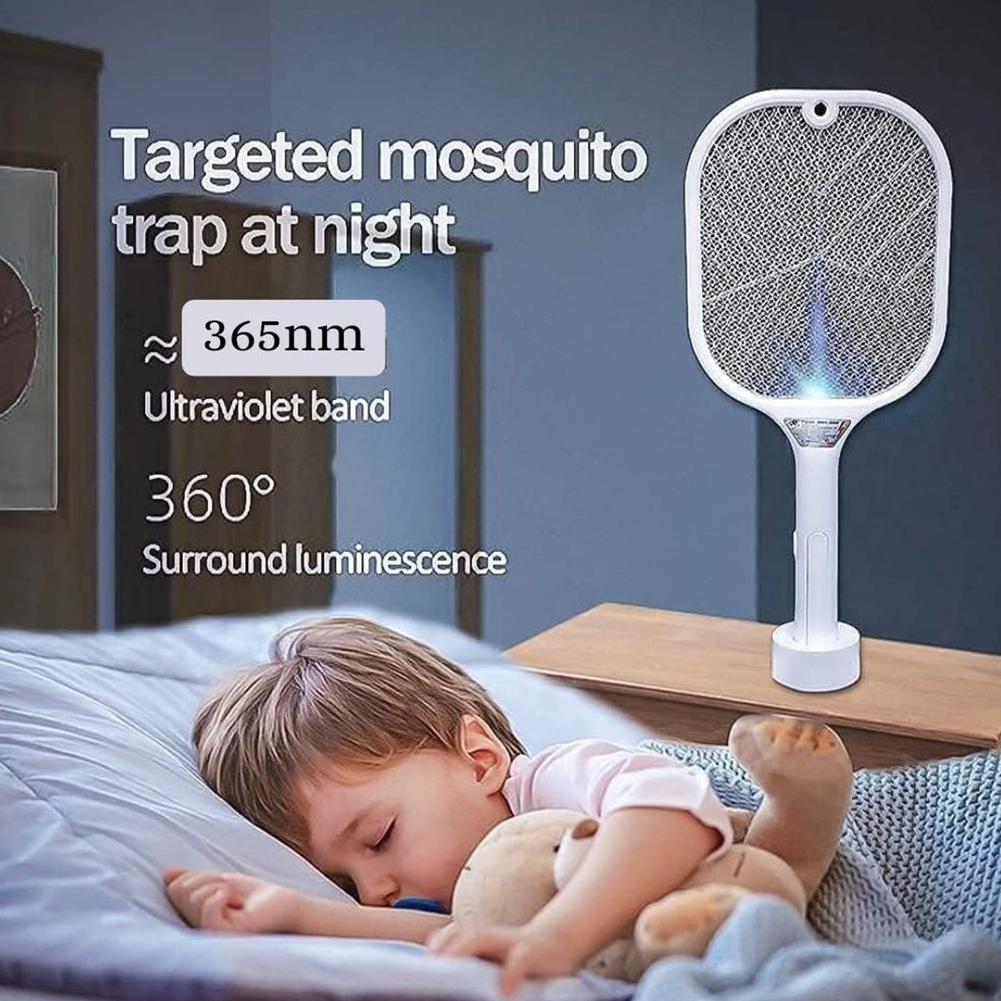 A white mosquito killer racket with a blue UV light stands on a nightstand beside a child sleeping soundly in bed.