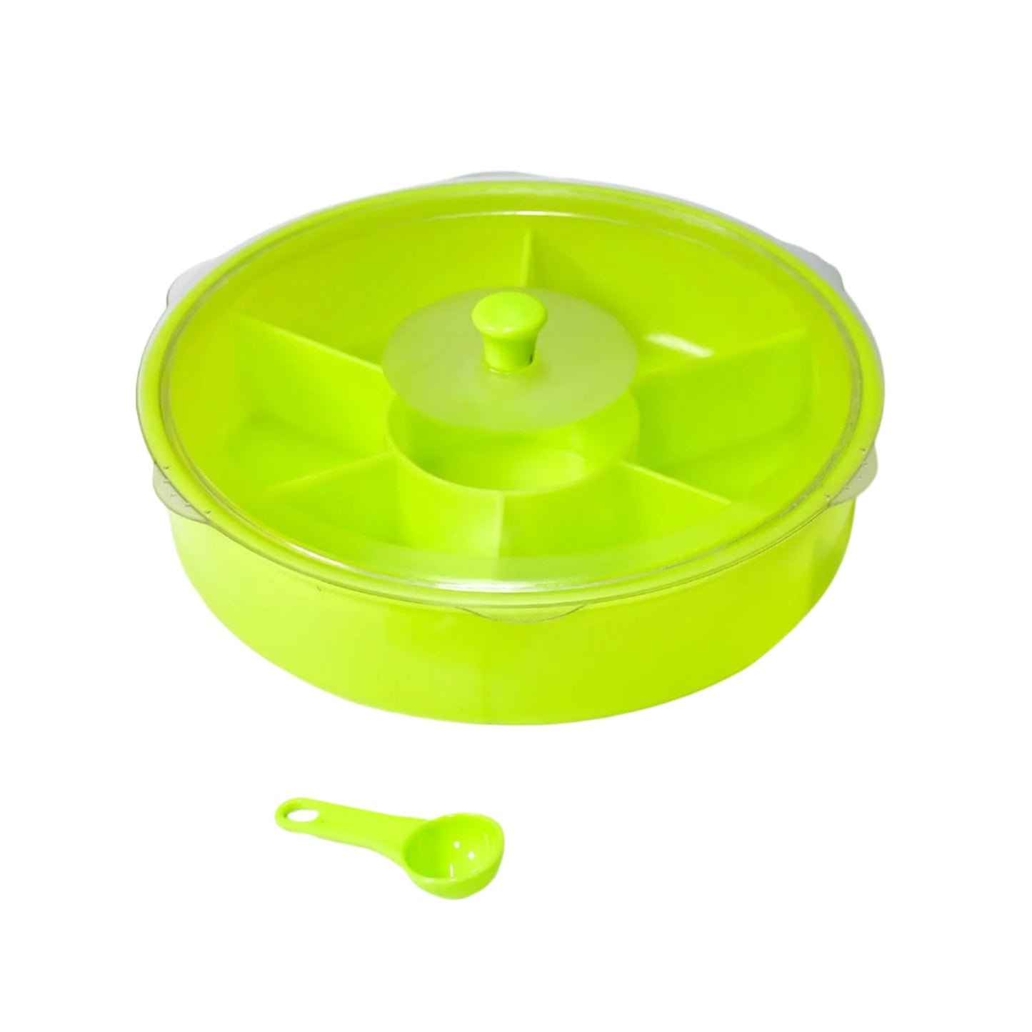 Airtight Dry Fruit & Masala Box with a transparent lid and spoon on a kitchen counter.