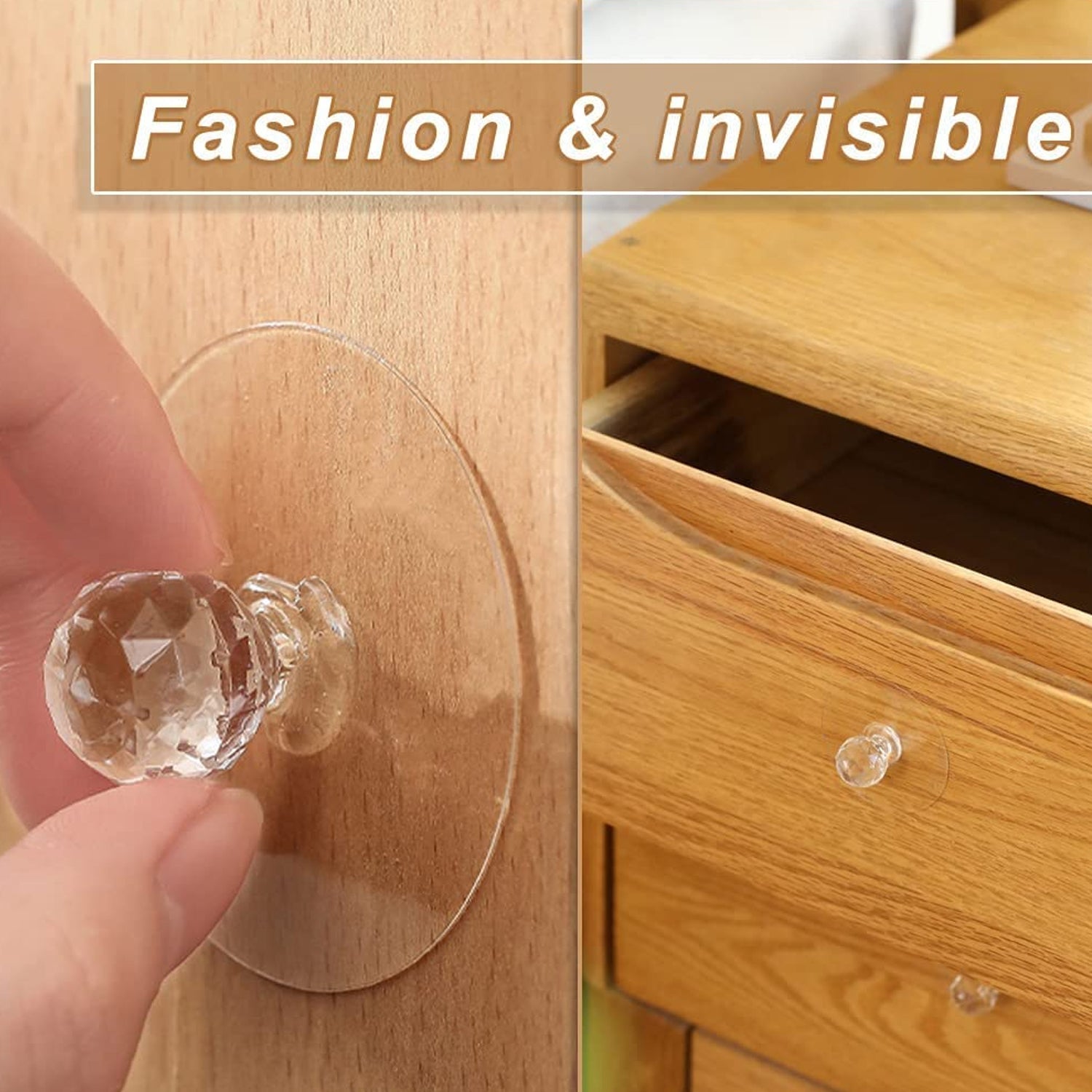 Self-adhesive diamond crystal knob providing an instant upgrade to a bedroom drawer.