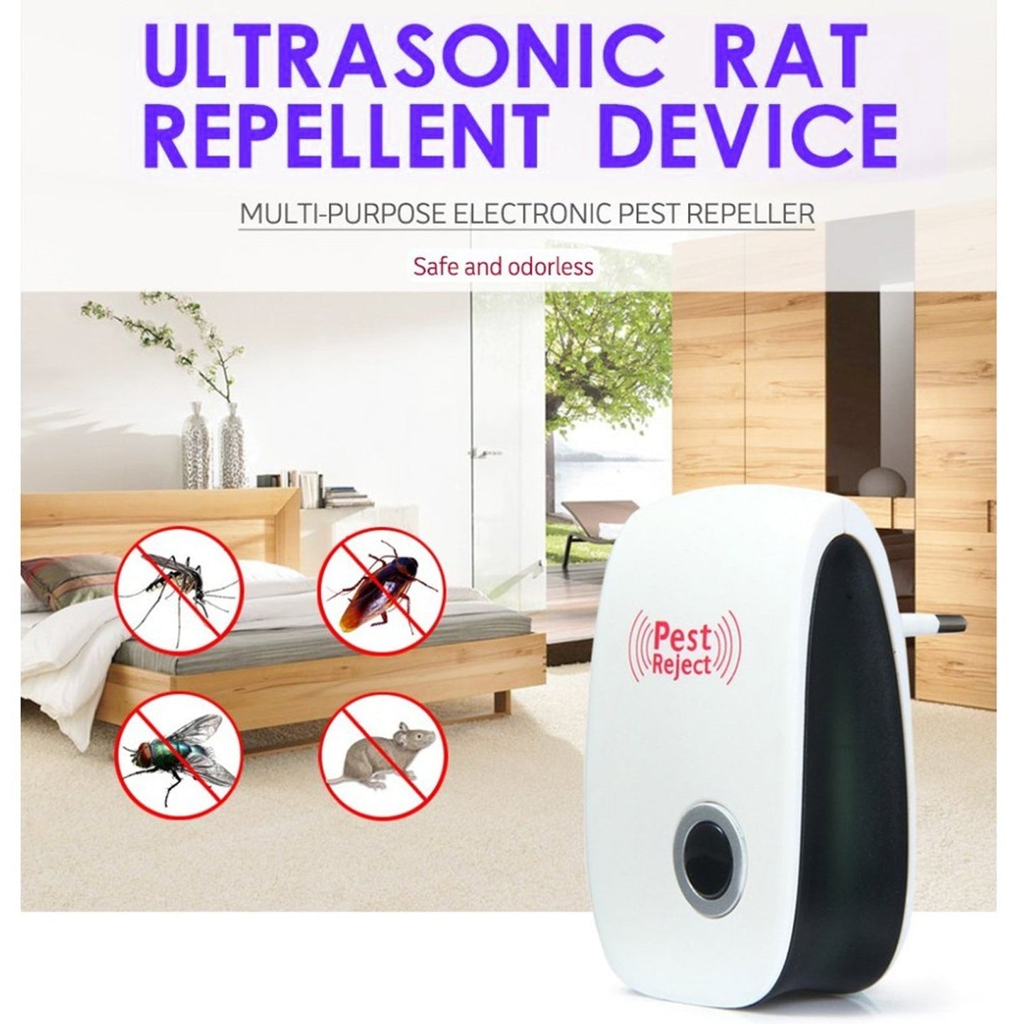 A white pest repeller stands in a bedroom setting with icons of a mosquito, cockroach, fly, and mouse.