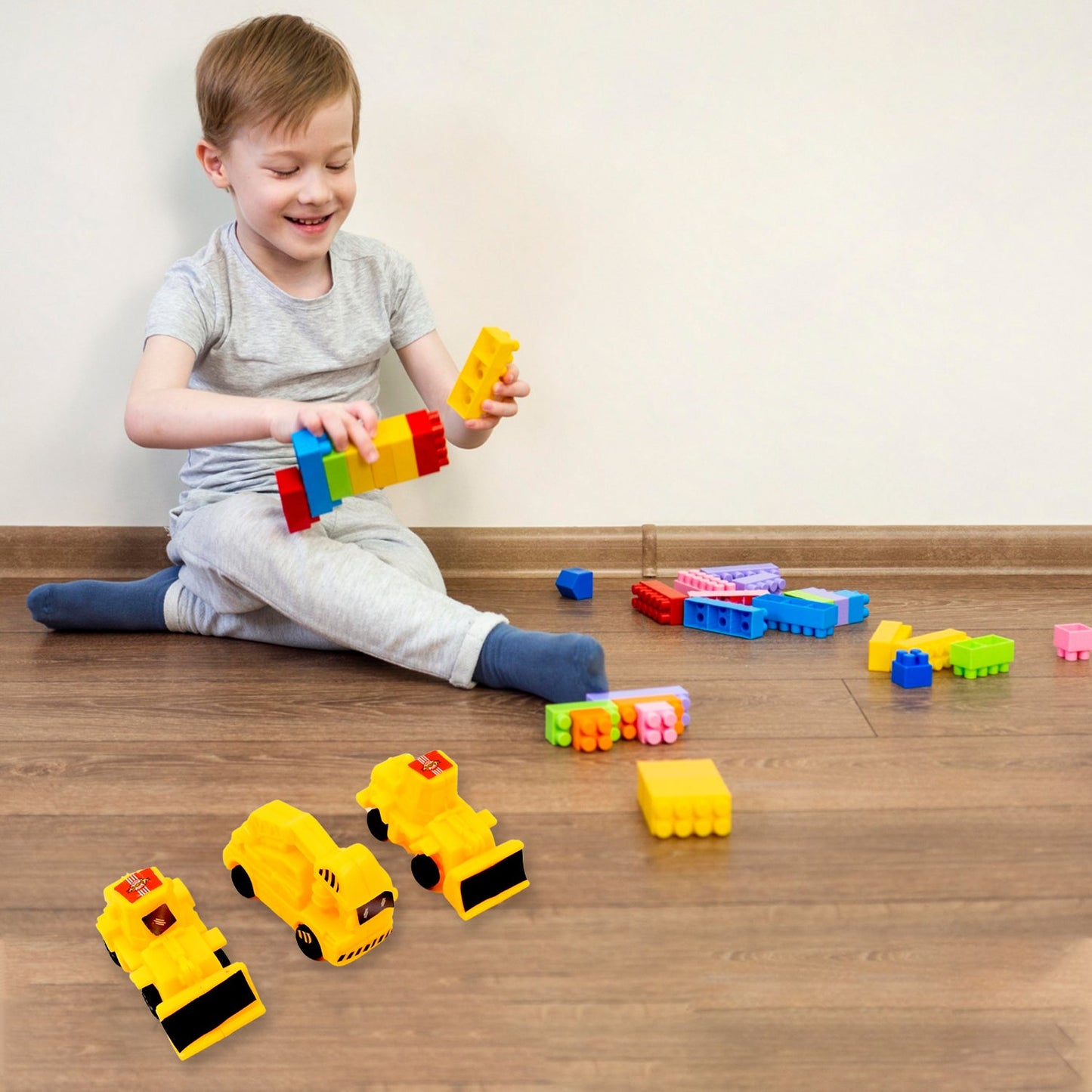 A vibrant 6 Pcs Kids Construction Vehicle Set displayed, ready for play.