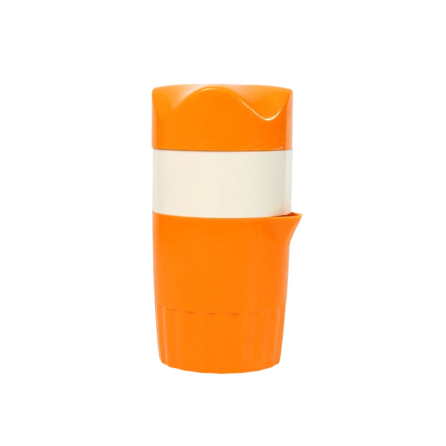 Manual orange juice maker with an angled spout for drip-free pouring.