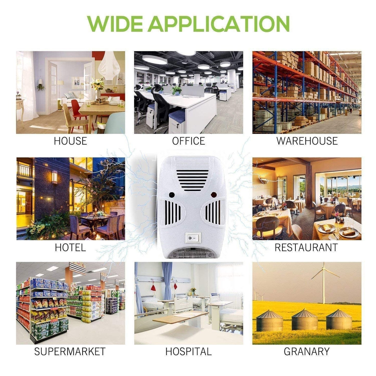 A central white pest repeller surrounded by eight square images depicting various application locations like a house and