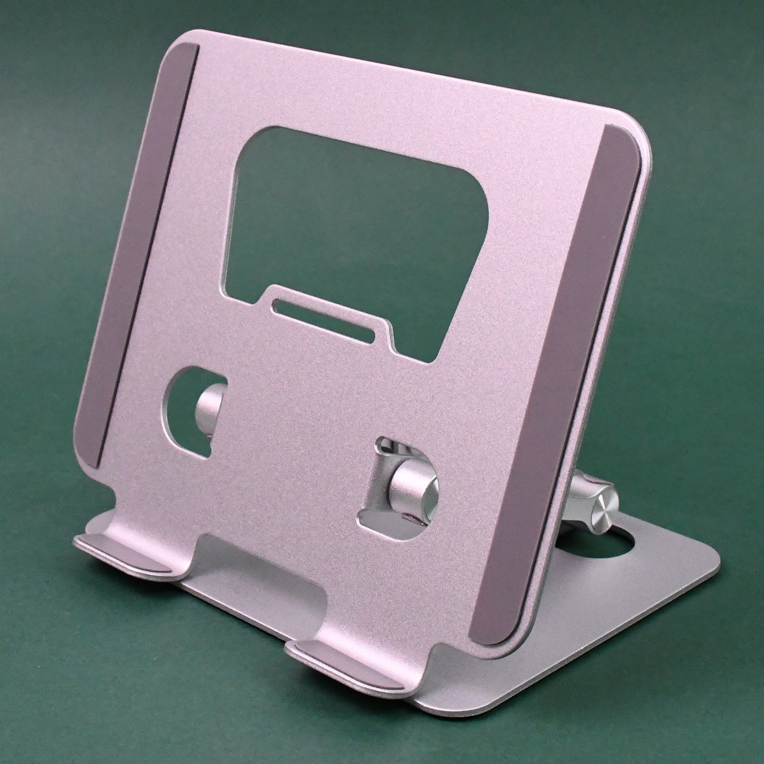 Close-up of the foldable tablet stand's sturdy base and anti-slip pads.
