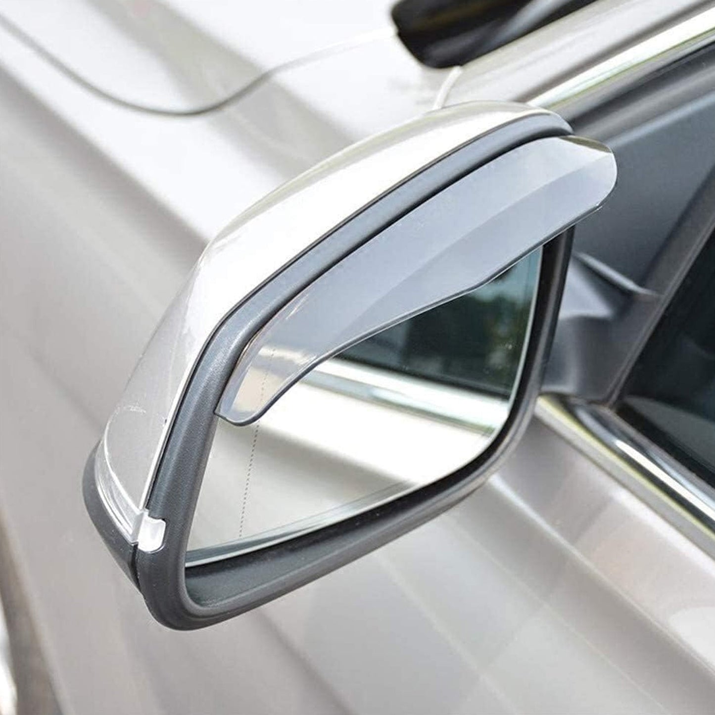 A blue microfiber towel is used to wipe a car's side mirror, while another image shows a hand applying a rain protector.
